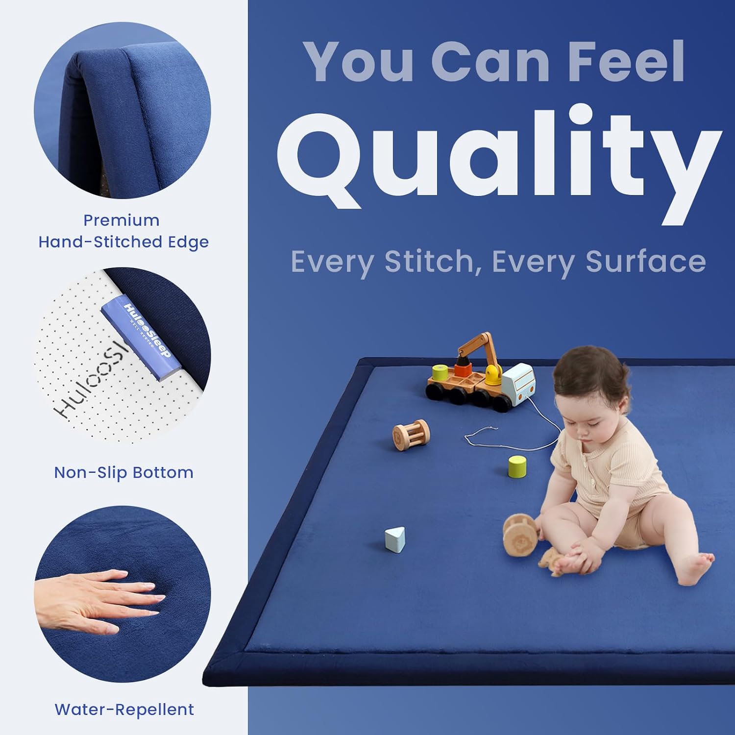 Thumbnail 2 de Huloo Sleep Extra Large 79"x118" Baby Activity Play Mat (Tatami Style, Royal Blue) — 1.3" Thick Elasti Foam