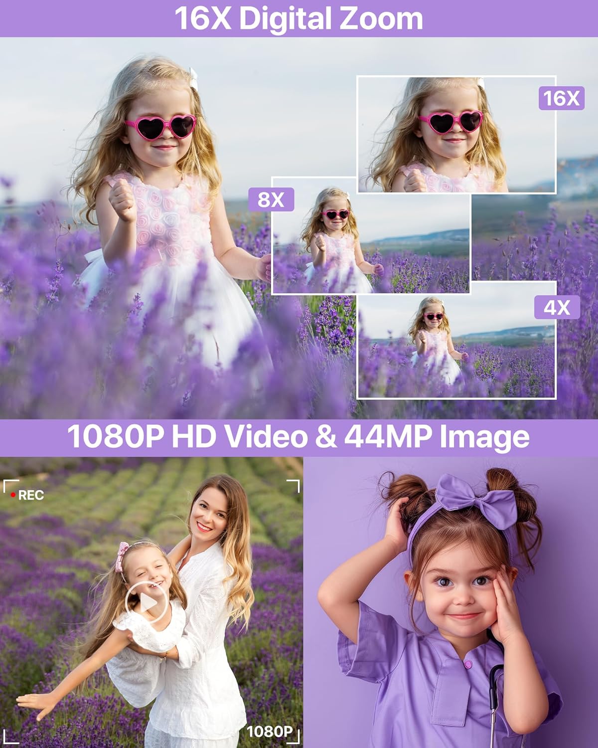 Thumbnail 1 de VAHOIALD Digital Camera 1080P (44MP) with 2.4" LCD, 16x Digital Zoom and Vlogging/Webcam Mode – Purple (No SD Card)
