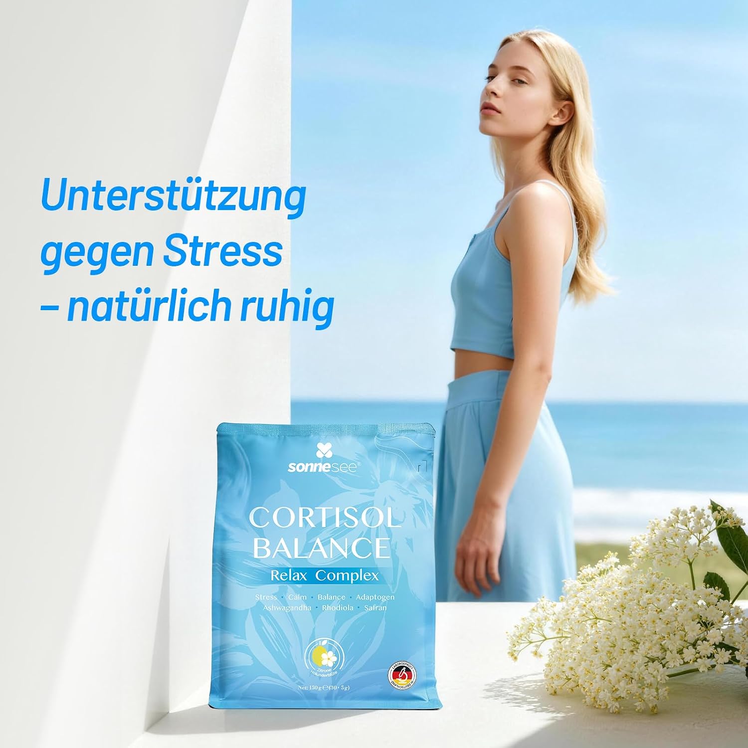 Detalle de Sonnensee Cortisol Balance Support – Stress Adaptogen Pulver (Cortisol Cocktail) mit Ashwagandha, Rhodiola, GABA & L-Theanin