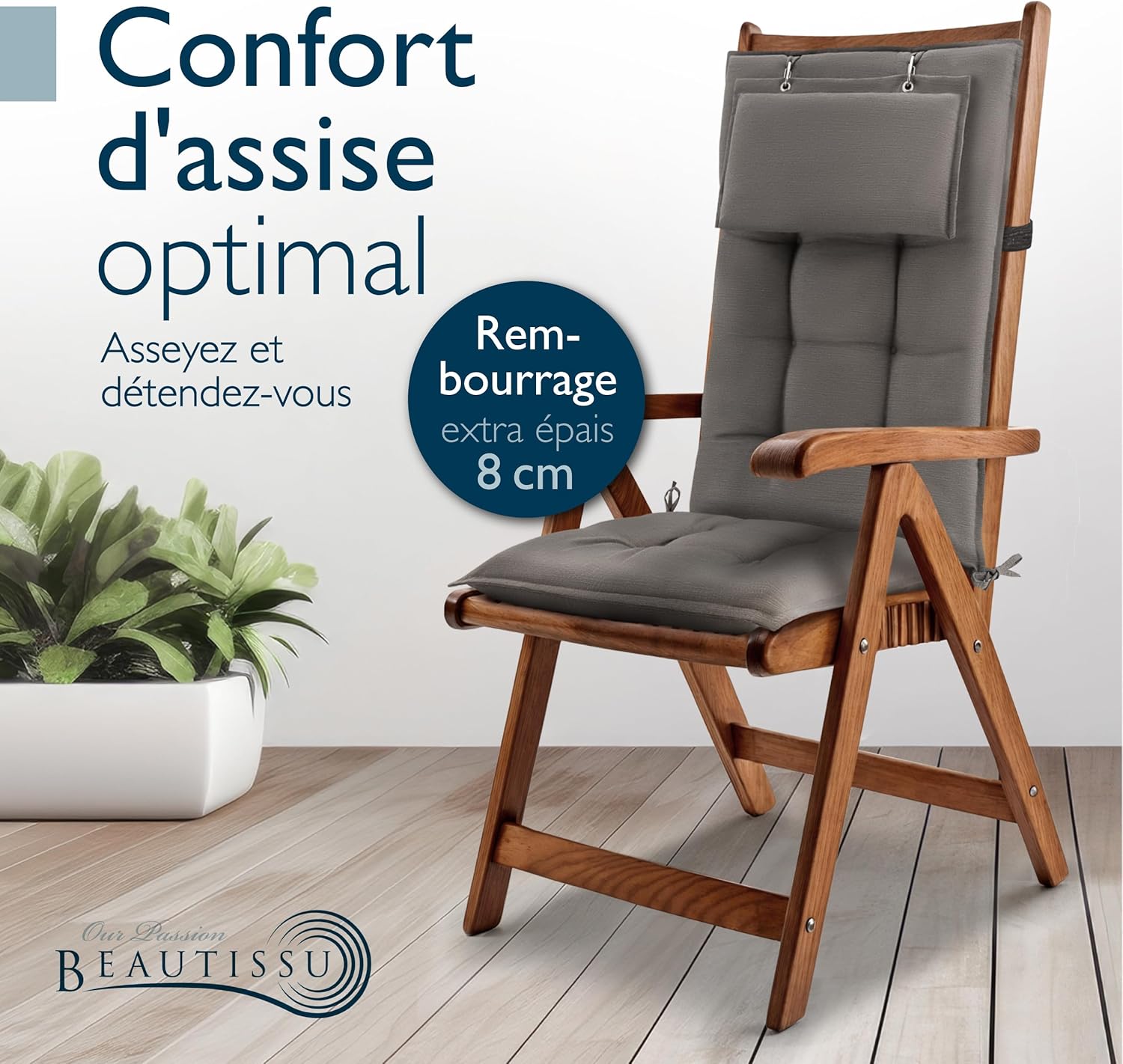 Detalle 2 de Beautissu 3er Set Premium Hochlehner Auflage mit Kopfpolster, 120x50 cm, Taupe