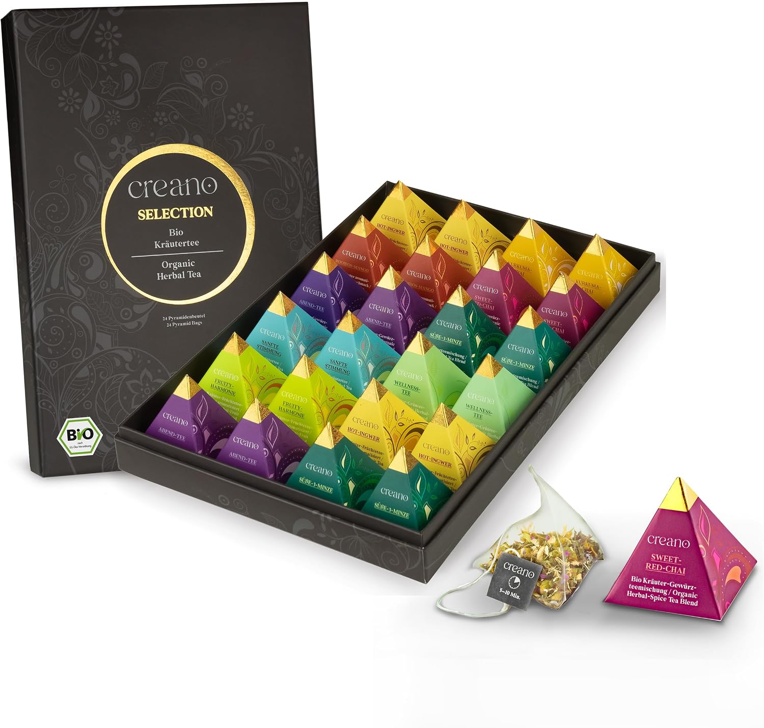 Coffret Cadeau Tisanes Bio Creano – 24 sachets pyramidaux, 9 infusions aux herbes, fruits & épices