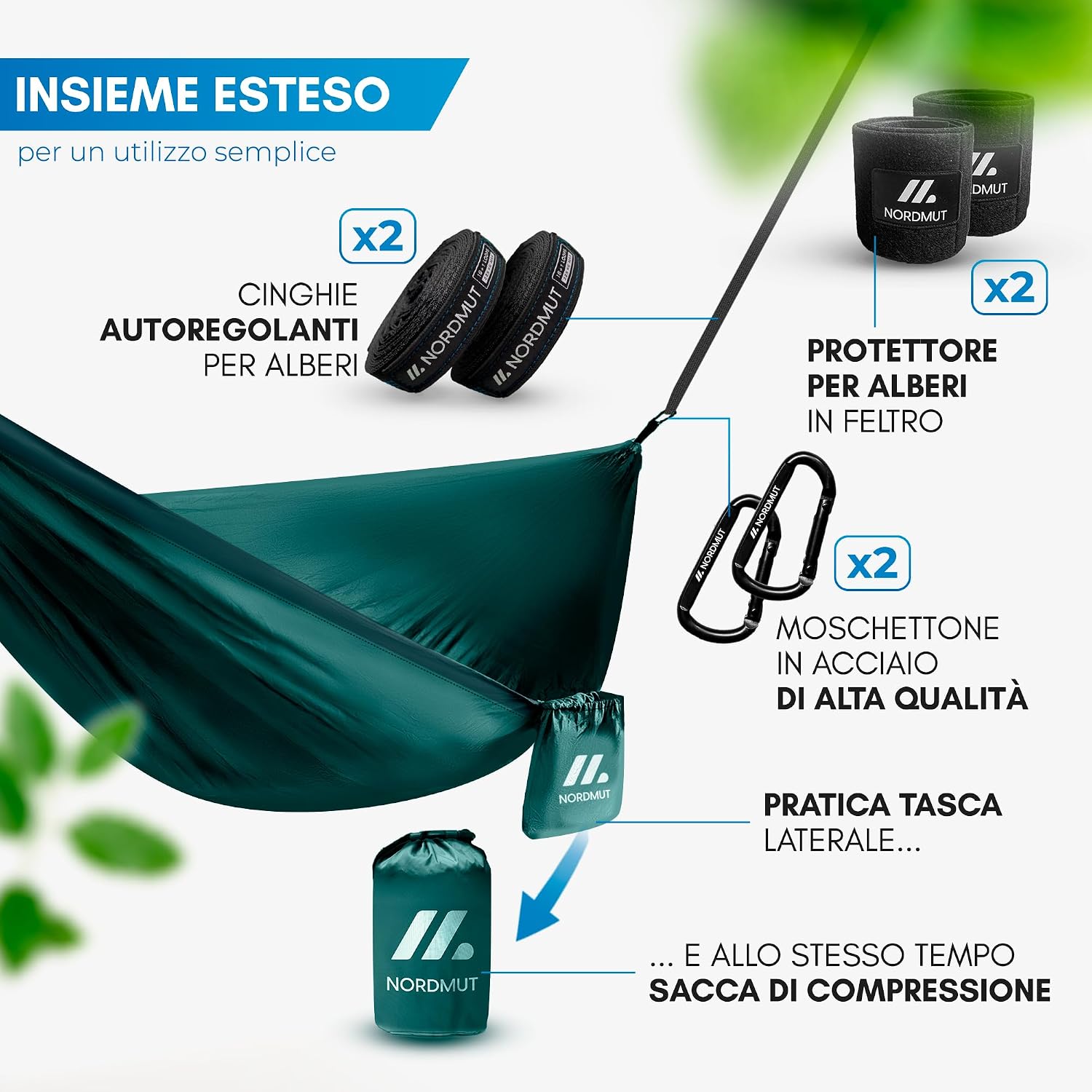 Thumbnail 4 de NORDMUT Amaca Ultralight Outdoor con Set di Fissaggi – Amaca da Campeggio 140 x 275 cm, Portata 300 kg, Blu