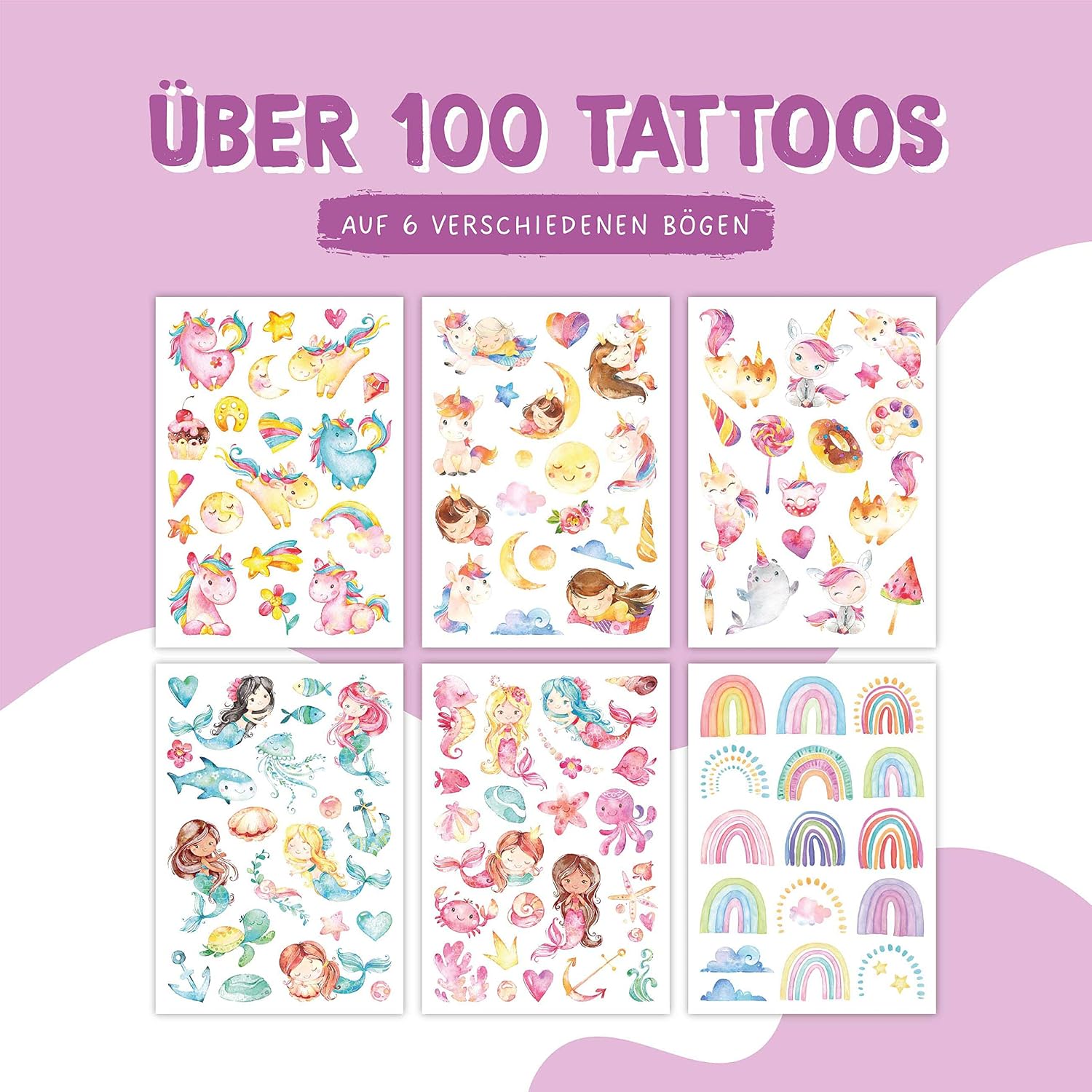 Detalle de Papierdrachen 100 hautfreundliche Kindertattoos mit Meerjungfrau – 6 Bögen für Kindergeburtstag (vegan, dermatologisch getestet)