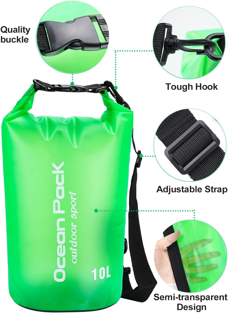 Thumbnail 4 de Henrycares Waterproof Dry Bag 20L / 10L / 5L – Durable PVC, Lightweight, with Phone Dry Bag and Adjustable Shoulder Strap (Green, 10L highlighted)