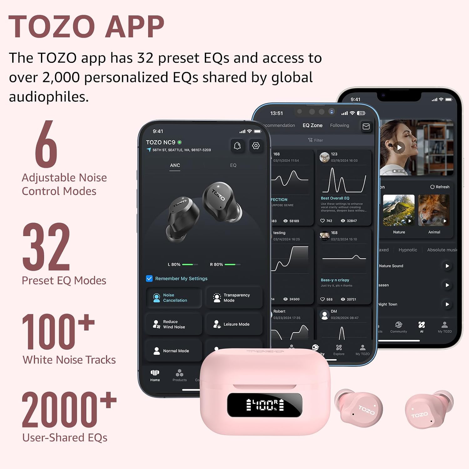 Detalle 2 de TOZO NC9 Wireless Earbuds with Hybrid ANC, Bluetooth 5.3 and 60-Hour Playtime