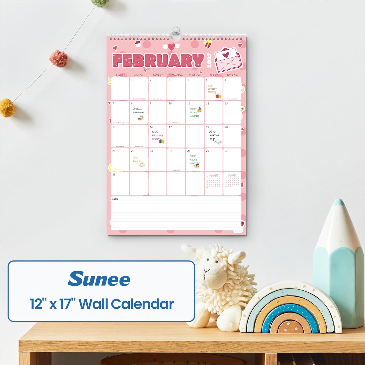 Detalle 2 de SUNEE 2027 Wall Calendar, 18 Months, 12" x 17" with Stickers and Notes