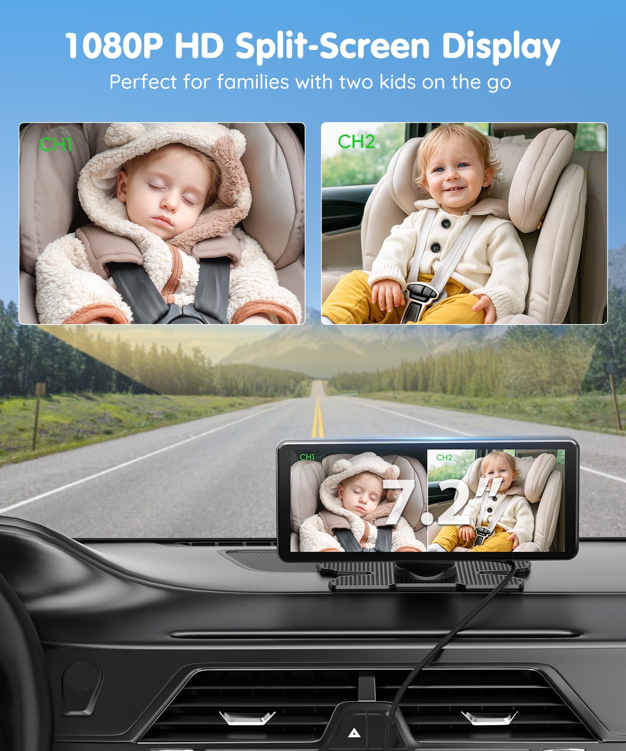 Thumbnail 1 de Babyvue BV3PRO Dual Baby Car Camera: 7.2" 1080p Split Screen for Two Kids