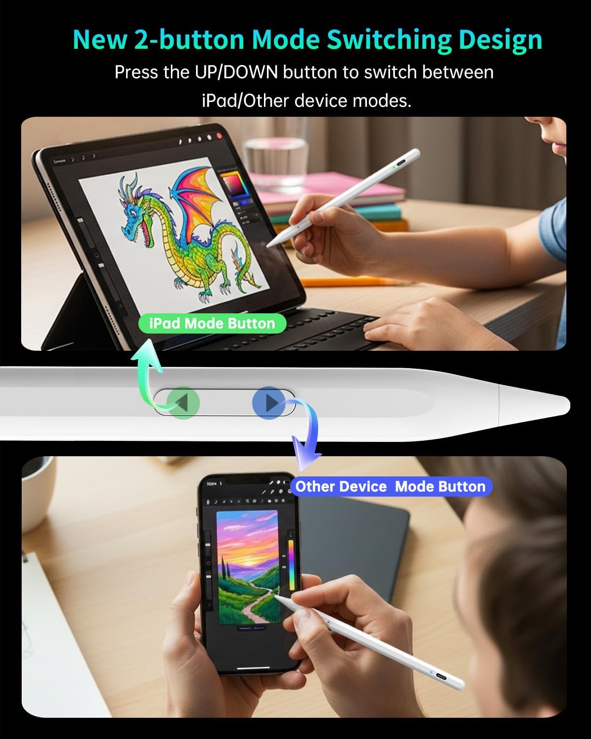 Detalle de MEKO Universal Stylus Pen for iPhone, Android, iPad & iWatch (Dual-Mode Active Stylus, USB-C Fast Charge) — White