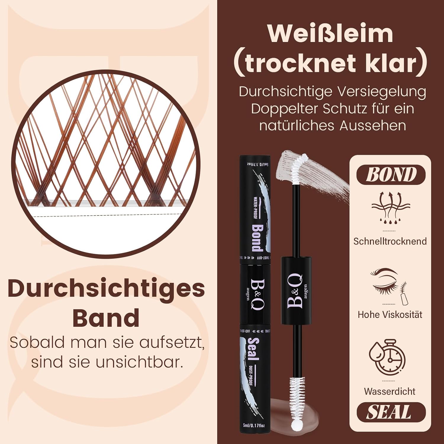 Detalle de B&Qaugen Lashes Extension Set Wispy Braun – DIY Braun Cluster-Lashes 8–16 mm, C-Curl mit Bond & Seal