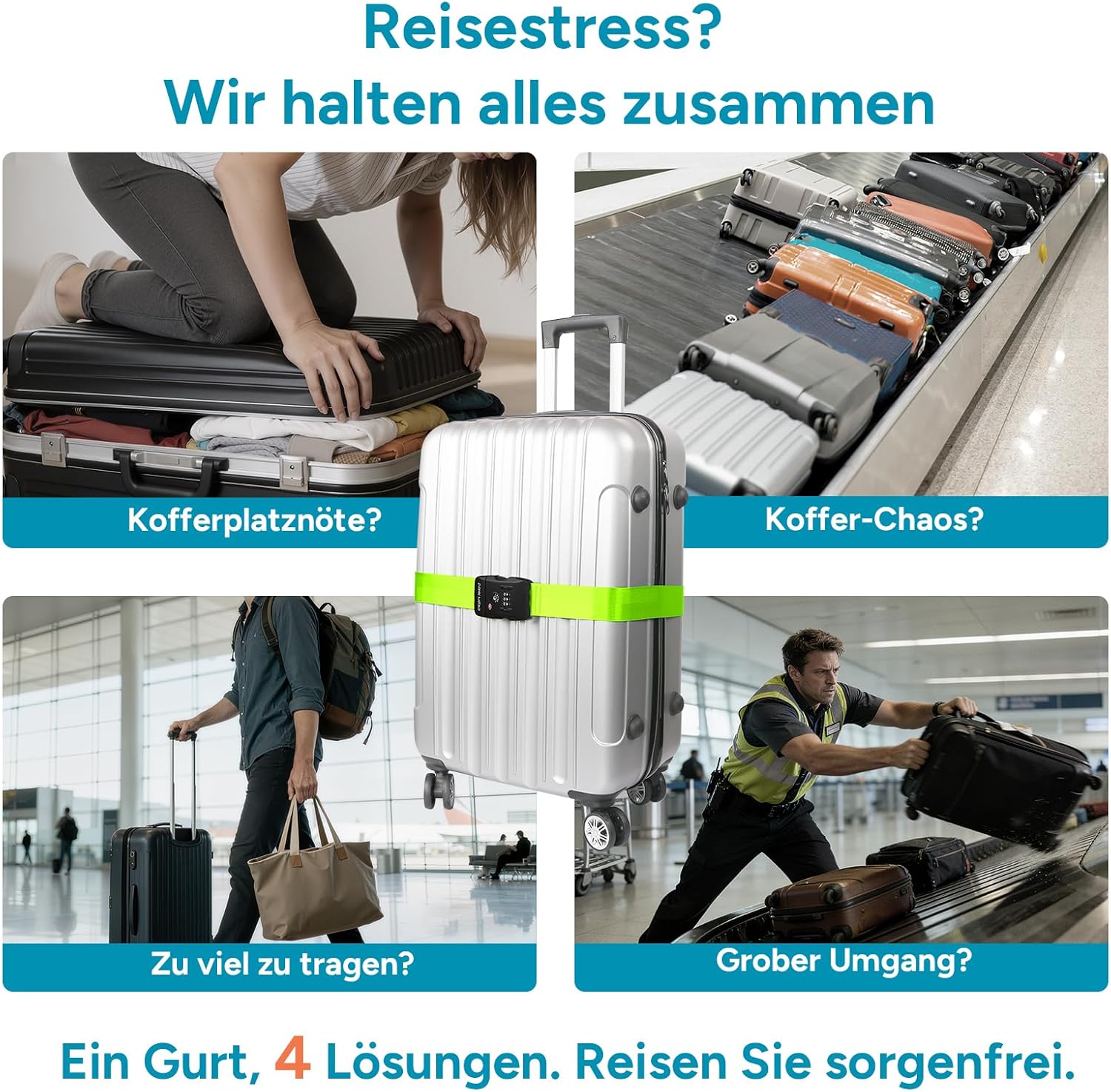 Detalle de Travel Inspira TSA-Kofferband Neon Grün – verstellbar 103–200 cm, Kofferband mit Zahlenschloss für 20–32 Zoll Koffer