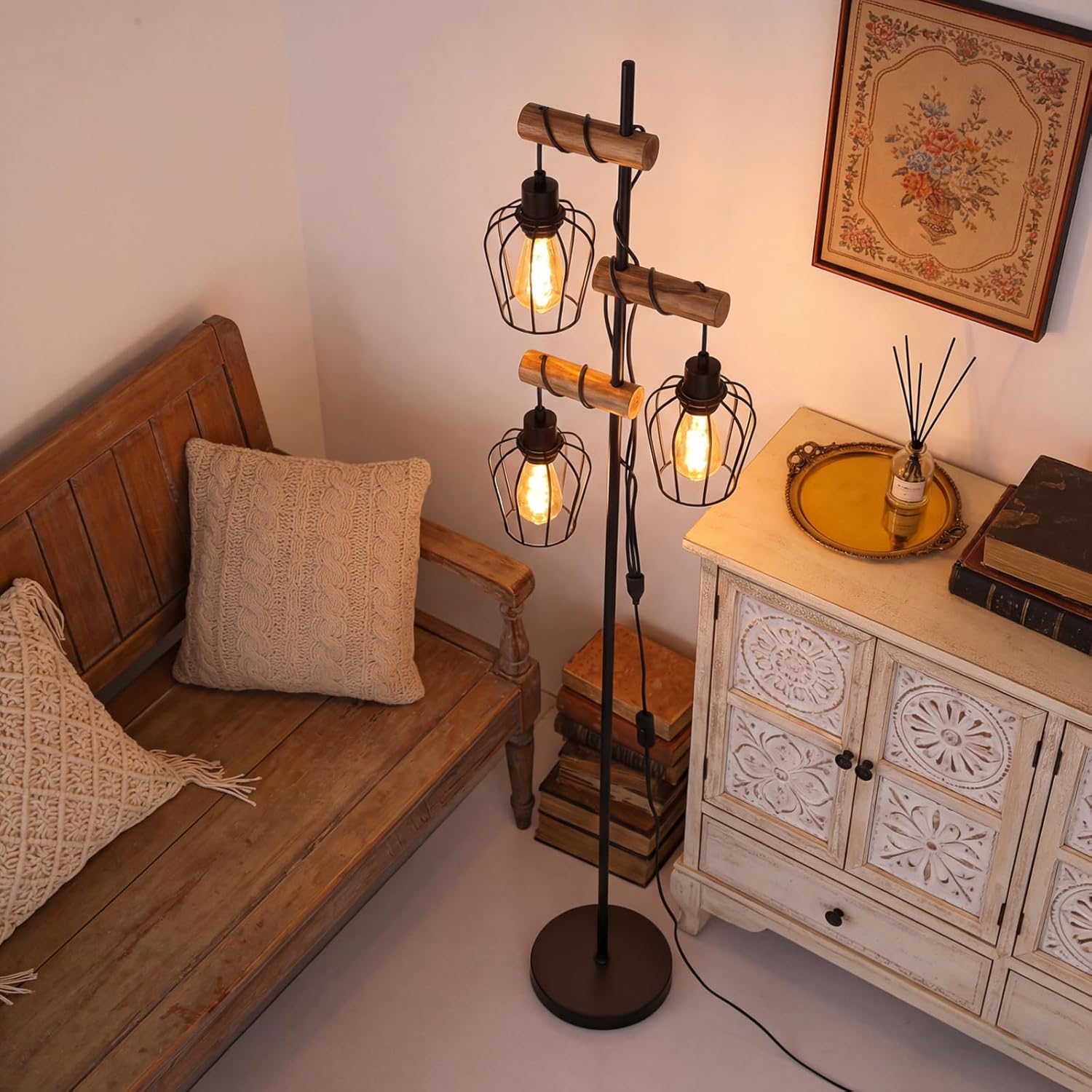 Thumbnail 2 de ZMH Vintage Stehlampe Wohnzimmer Holz – 3-flammig, Industriell, E27, rustikal