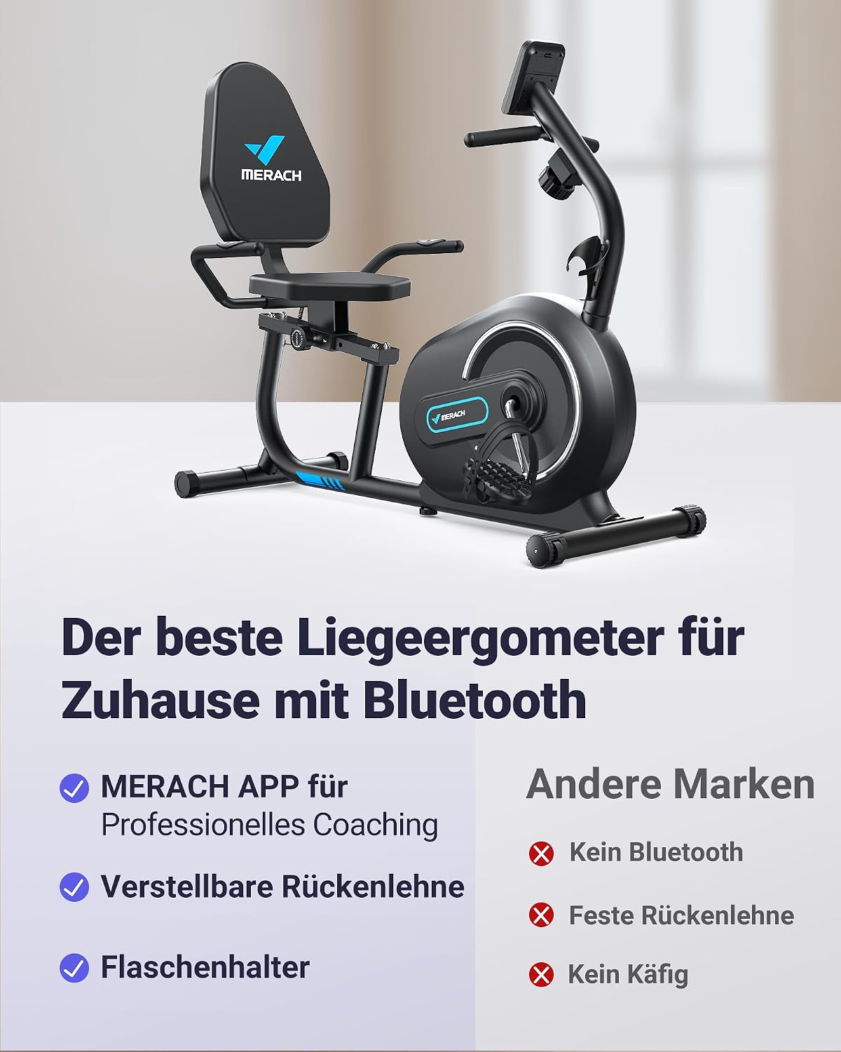 Detalle 2 de MERACH Liegeergometer S08/S23 – leiser Heimtrainer mit 8-stufigem Magnetwiderstand, App-Kompatibilität und Herzfrequenzsensoren