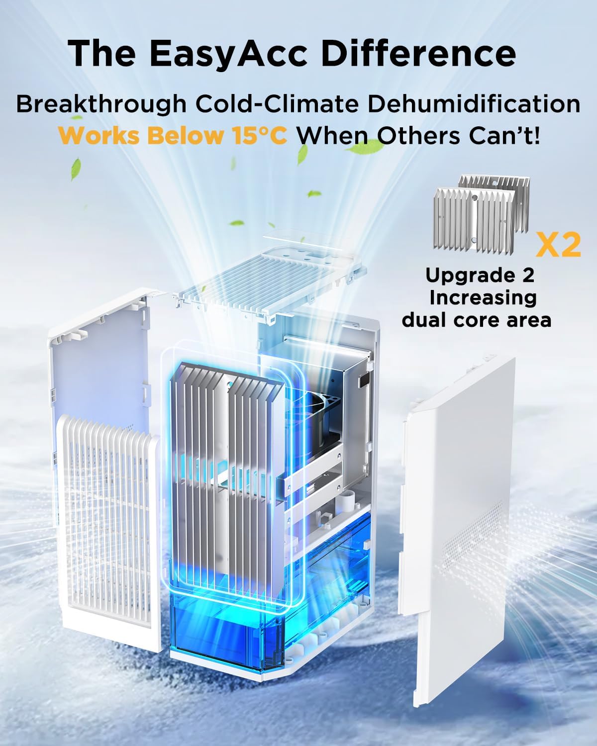 Detalle de EasyAcc Bathroom Dehumidifier: 1300ml/Day, 15°C Operation, 2L Tank, 85W, Ultra Quiet