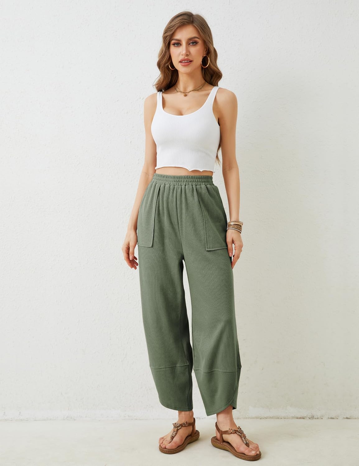Detalle de Xiaoxuemeng Women's Wide-Leg Pants with Elastic Waist and Side Pockets