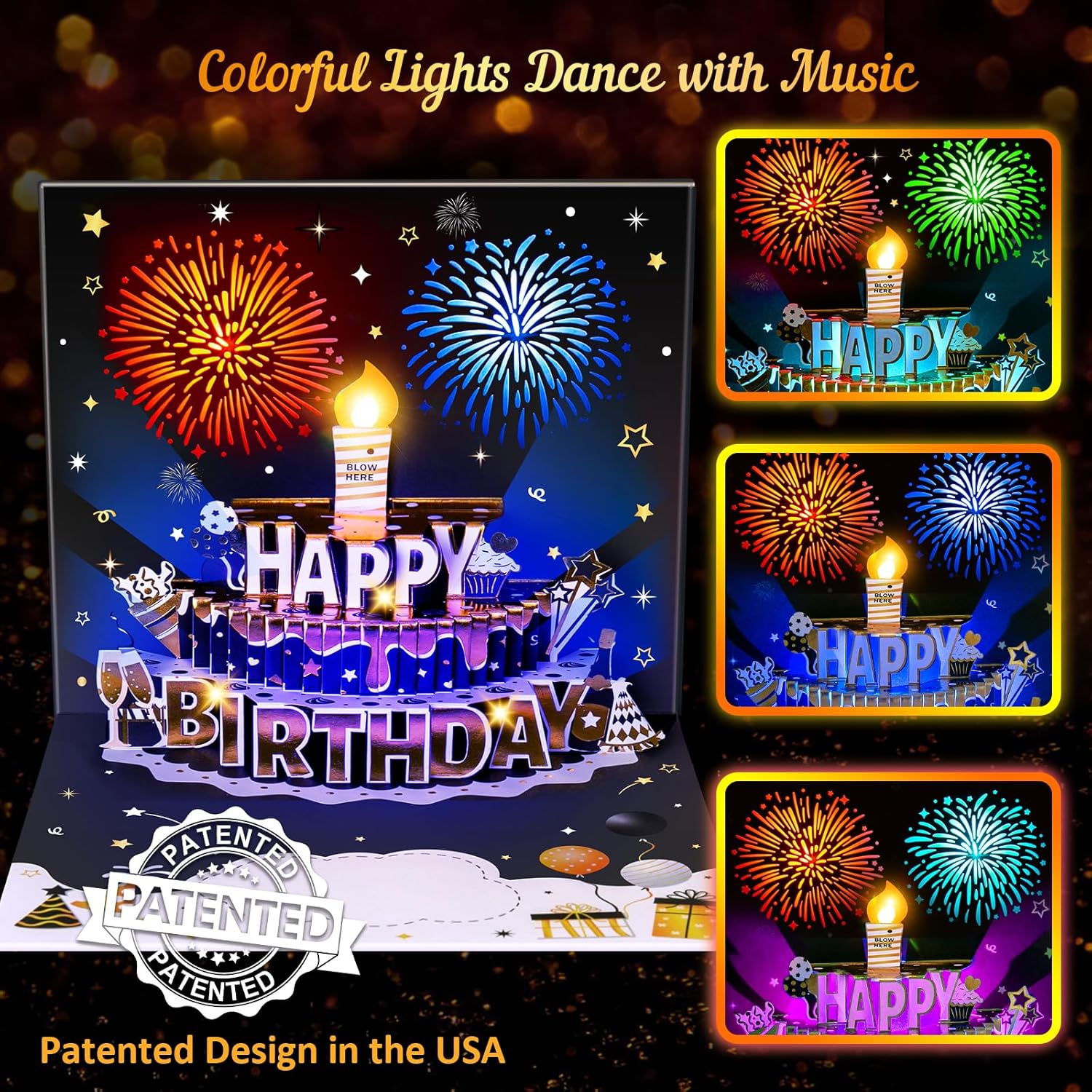 Detalle de Birthday Cards Pop-up MUSIC & LIGHTS & Blowable Candle (Black & Gold) – Pop-up birthday greeting with DIY numbers