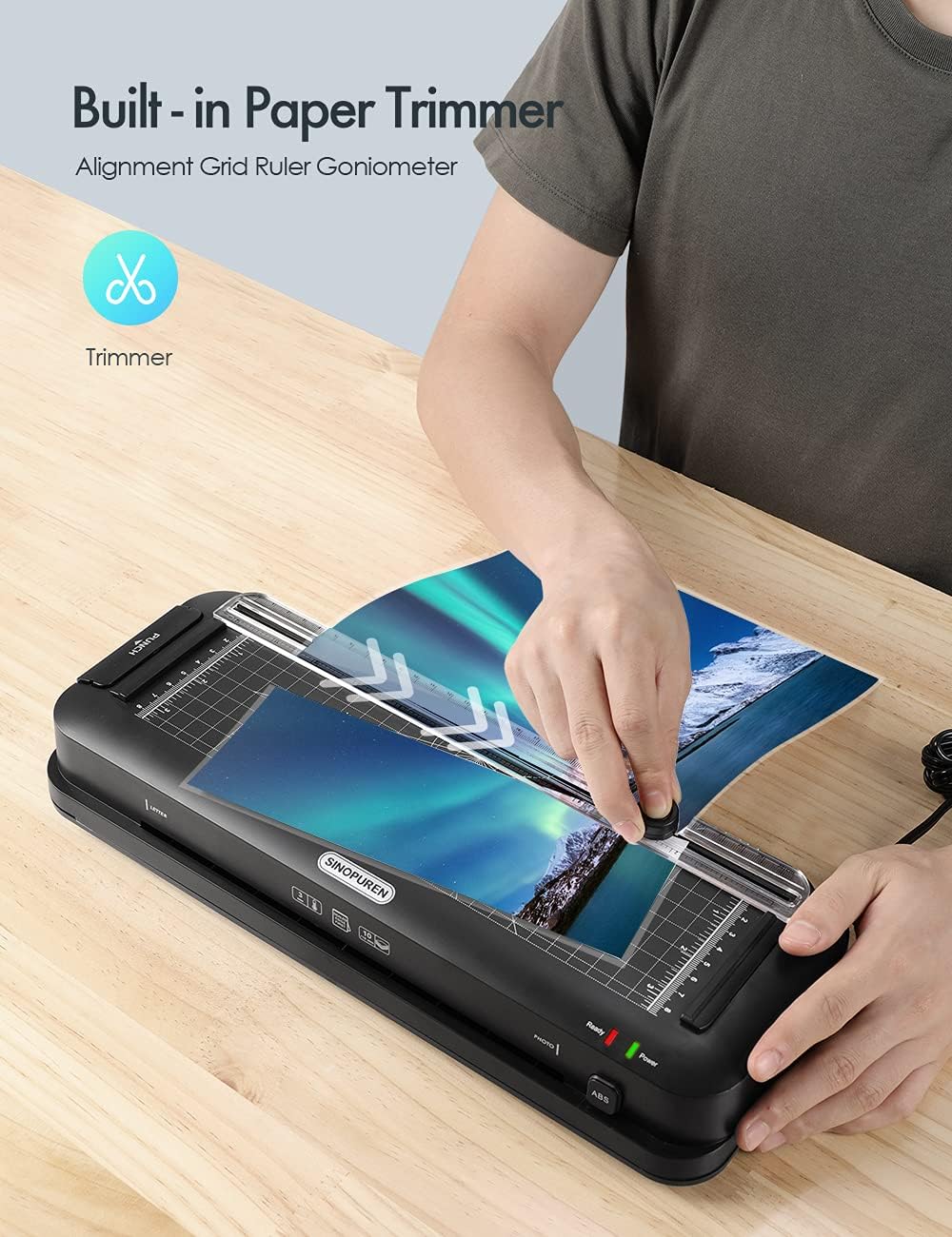 Detalle de SINOPUREN 9-Inch Laminator with Built-In Trimmer, 2-Hole Punch and 10 Pouches