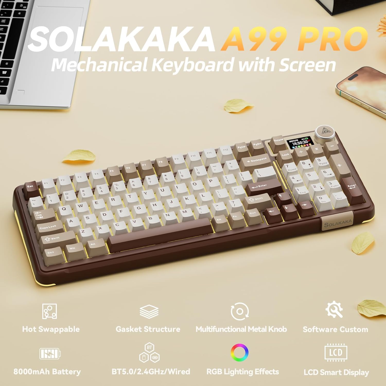 Thumbnail 1 de SOLAKAKA A99 Pro Mechanical Keyboard with LCD Screen, Metal Knob, and Wireless Connectivity (BT5.0/2.4GHz/USB-C)