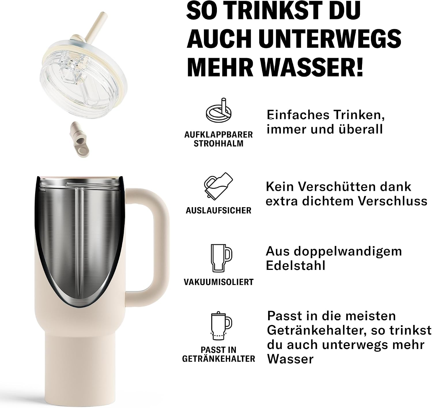 Thumbnail 2 de waterdrop® Thermobecher mit Strohhalm 1,1 L – Auslaufsichere Edelstahlflasche mit Deckel