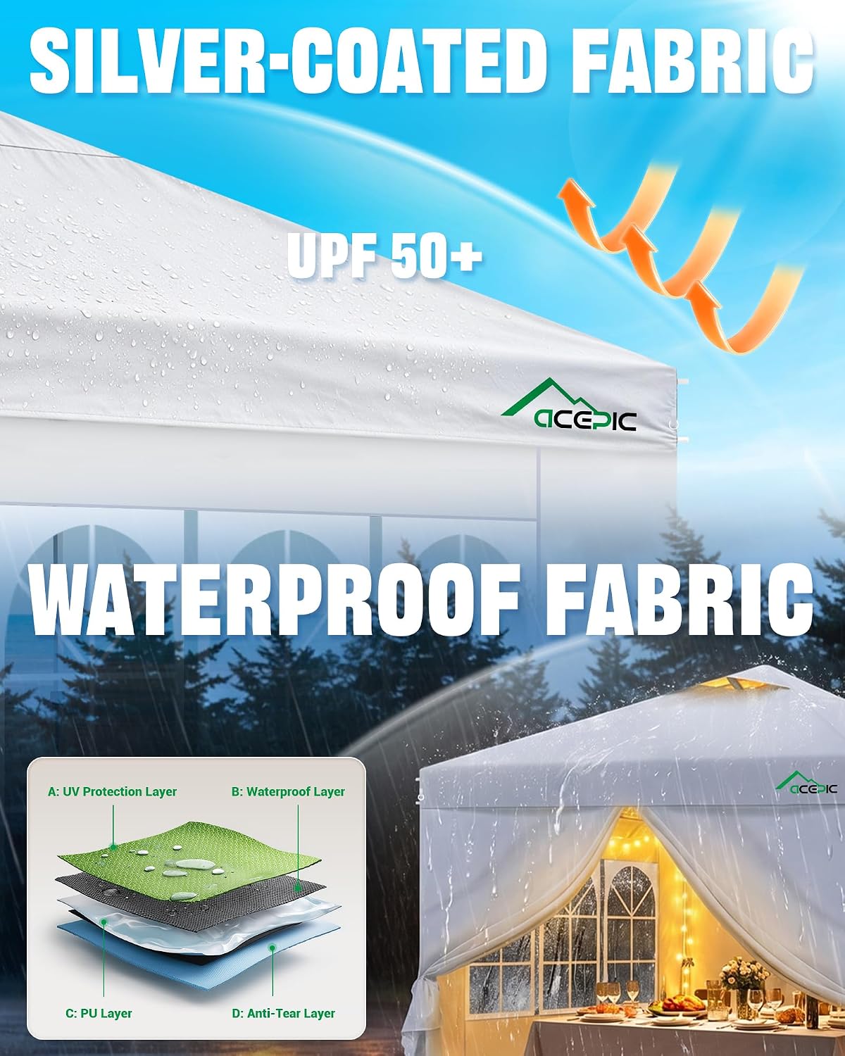 Detalle 1 de Acepic 10x10 Pop-Up Canopy with 4 Removable Sidewalls, UPF 50+