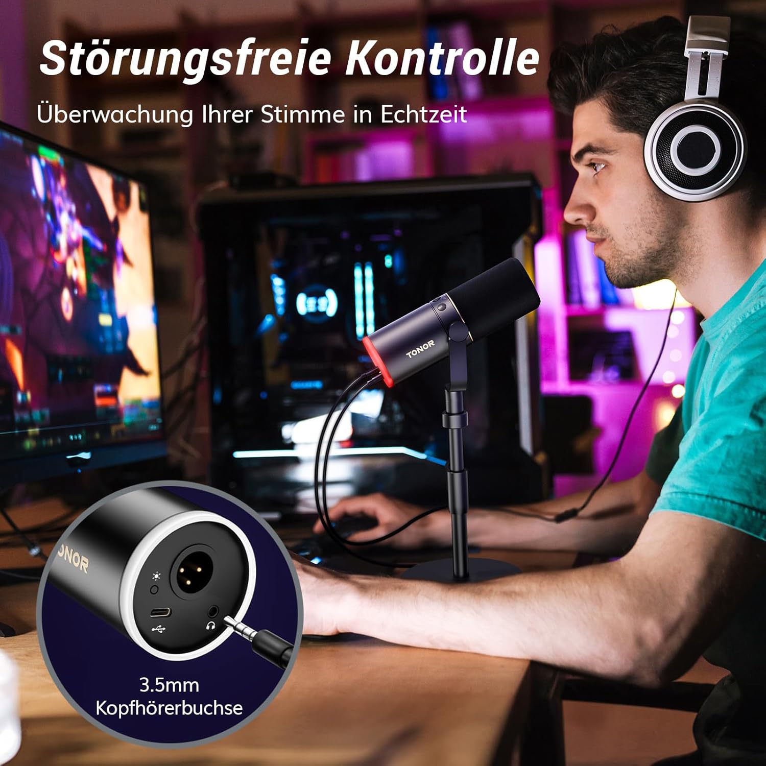 Thumbnail 6 de TONOR TD520S dynamisches Mikrofon mit XLR/USB für Streaming, Gaming & Studio, inkl. 200-cm-Kabel und RGB-Ständer