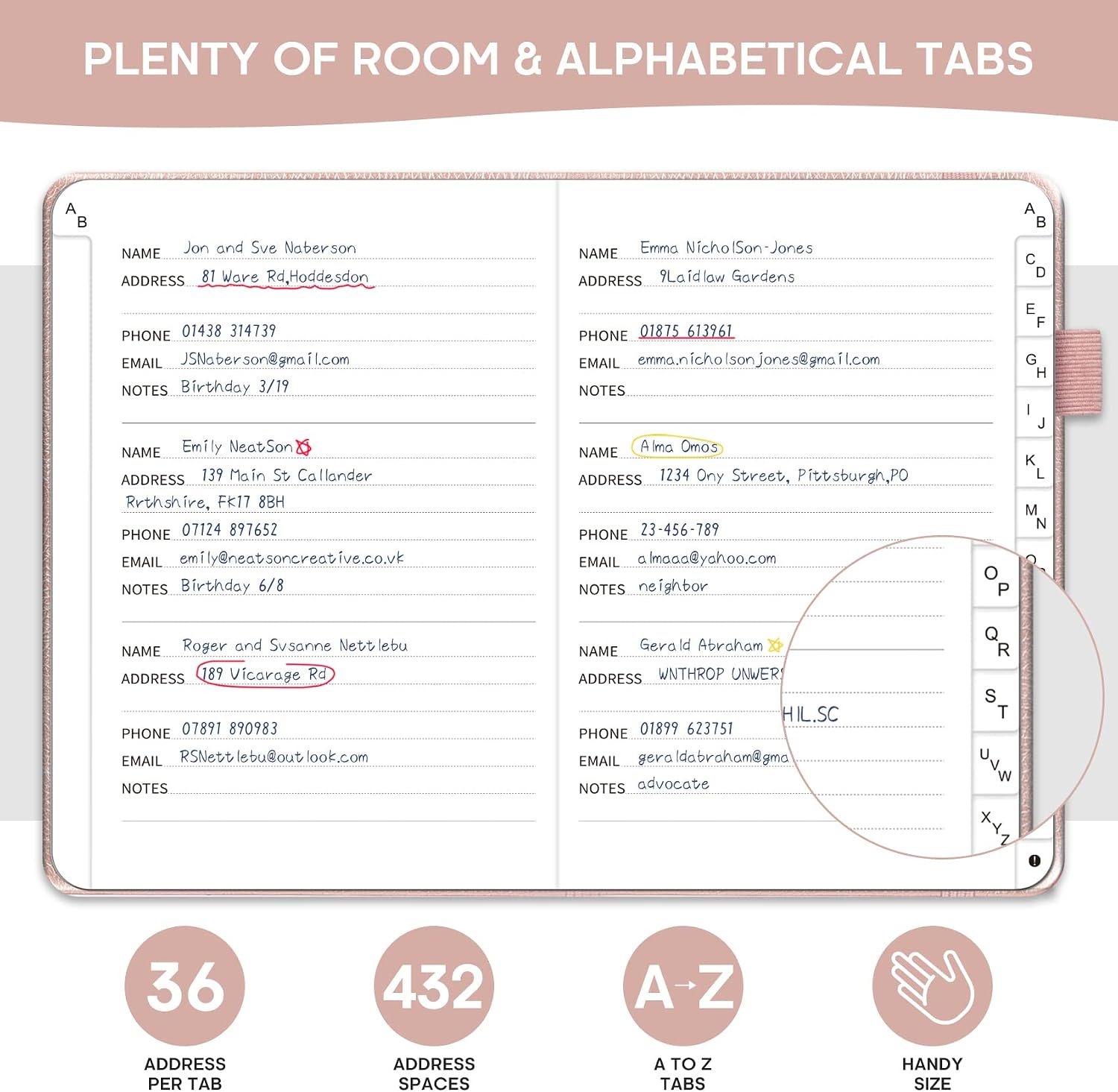 Detalle de Taja 2LE0908-BG-203 Address Book with A–Z Tabs, Large Print, Rose Gold