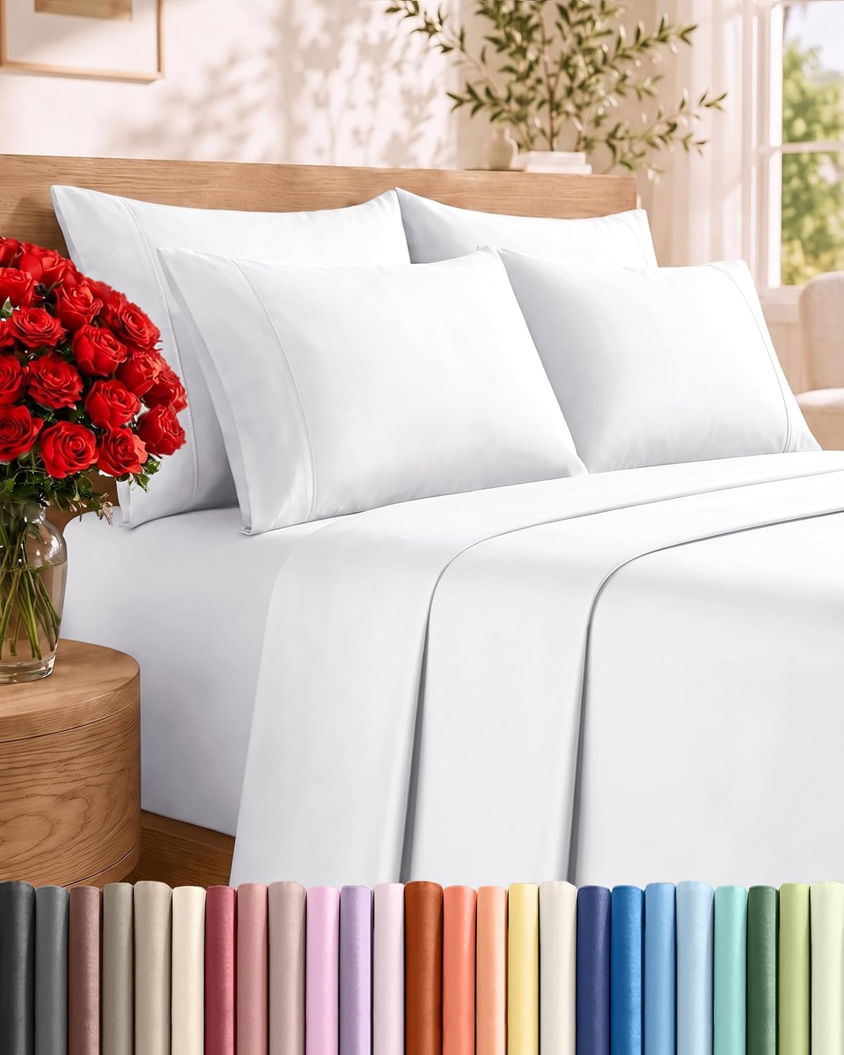 Detalle de Cal King 6-Piece Sheet Set (White) with Deep Pockets - Brushed Microfiber Cooling & Wrinkle-Free