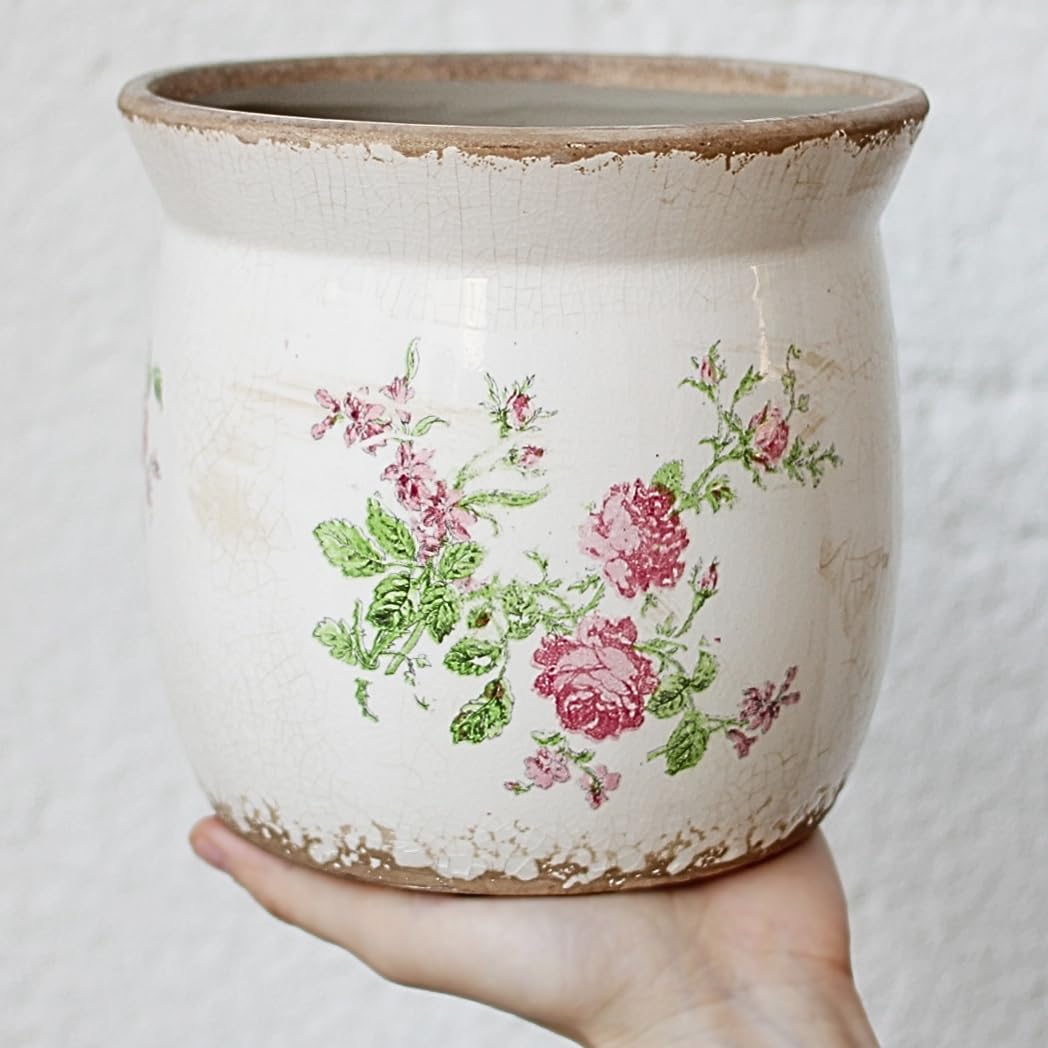 Detalle de Xiaan Jiaju Floral Ceramic Planter with Drainage Hole and Crackle-Glaze Finish