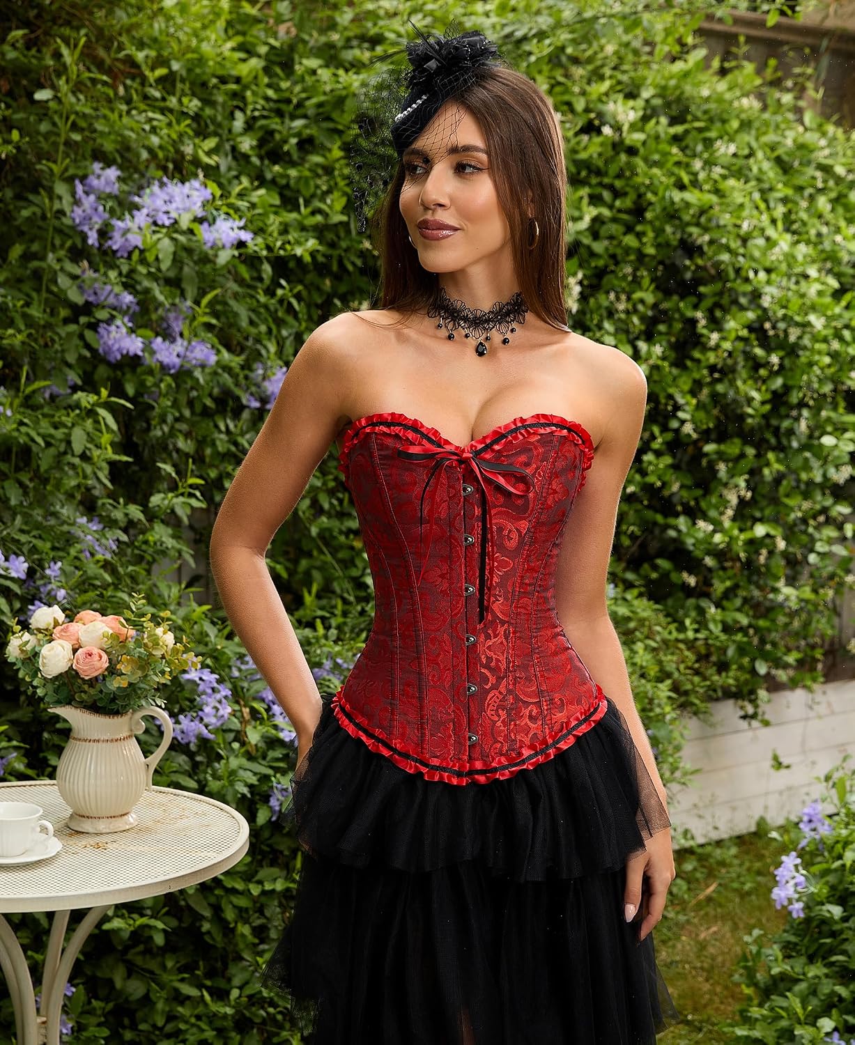 Detalle 2 de SZIVYSHI G819 Black Corset Top for Women, Lace-Waist Push-Up Bodysuit