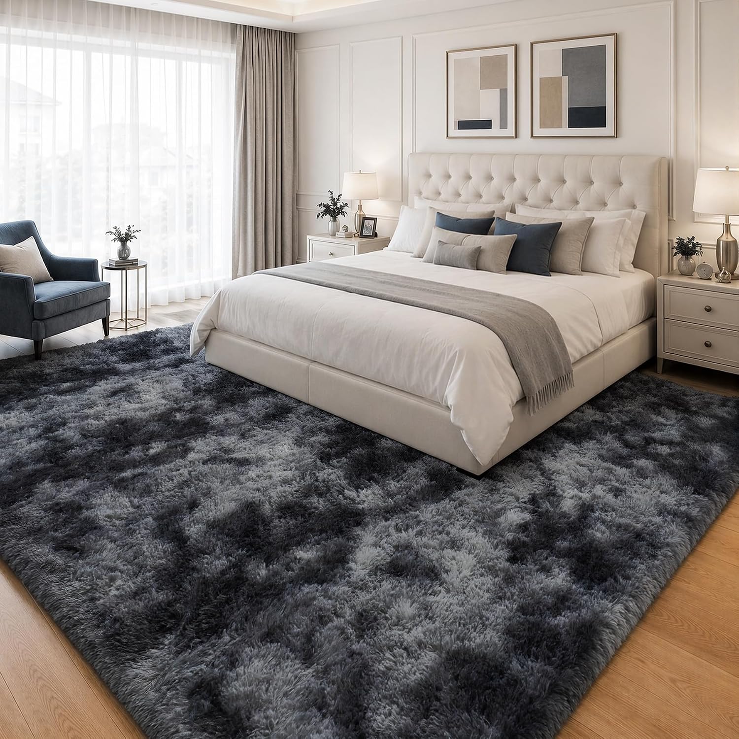 Thumbnail 2 de 8x10 Fluffy Shag Area Rug for Living Room & Bedroom – Black/Gray, Non-Slip, High-Pile Plush