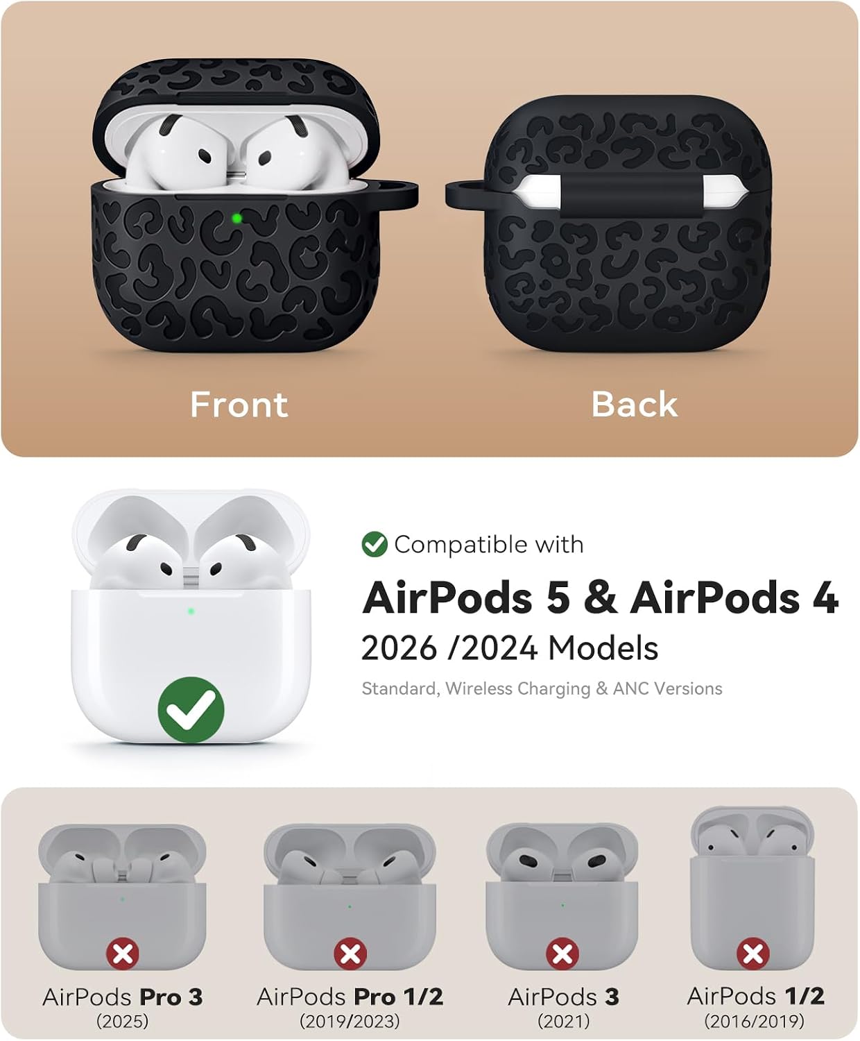 Detalle de MCTOPZO Leopard Carving Silicone Case for AirPods 4 (2024) USB‑C with Keychain & 3‑in‑1 Cleaning Kit (Black)