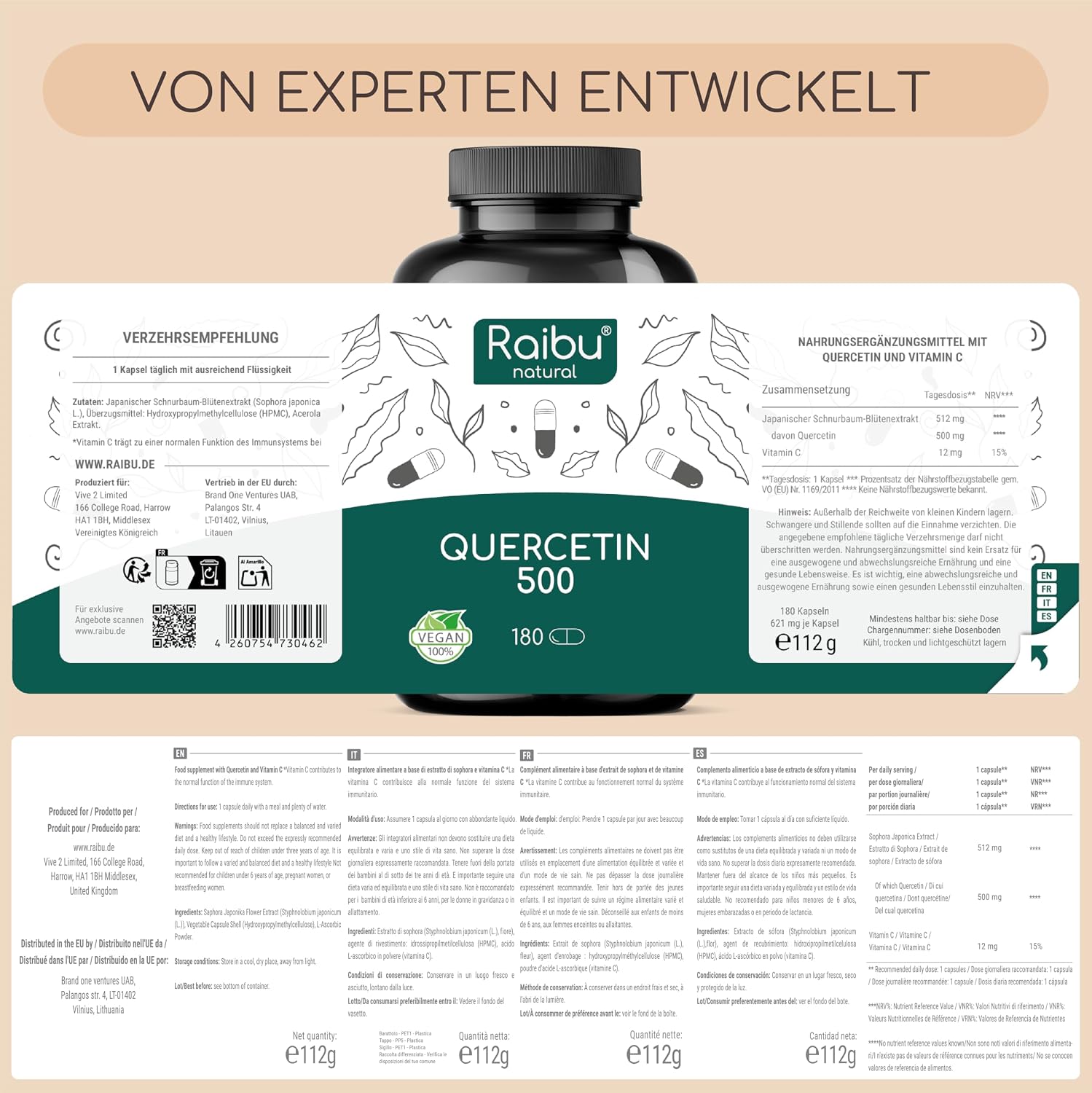 Thumbnail 5 de Quercetin Hochdosiert von Raibu – 180 Kapseln, 500 mg pro Kapsel, vegan, ohne Zusatzstoffe