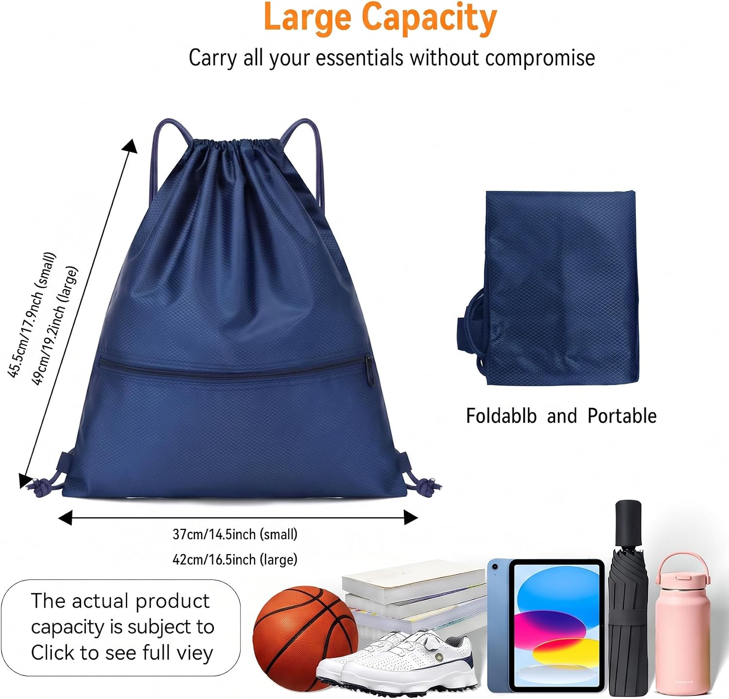 Thumbnail 1 de Arae Large Drawstring Backpack Bag with Front Pocket – Waterproof Oxford, Dark Blue