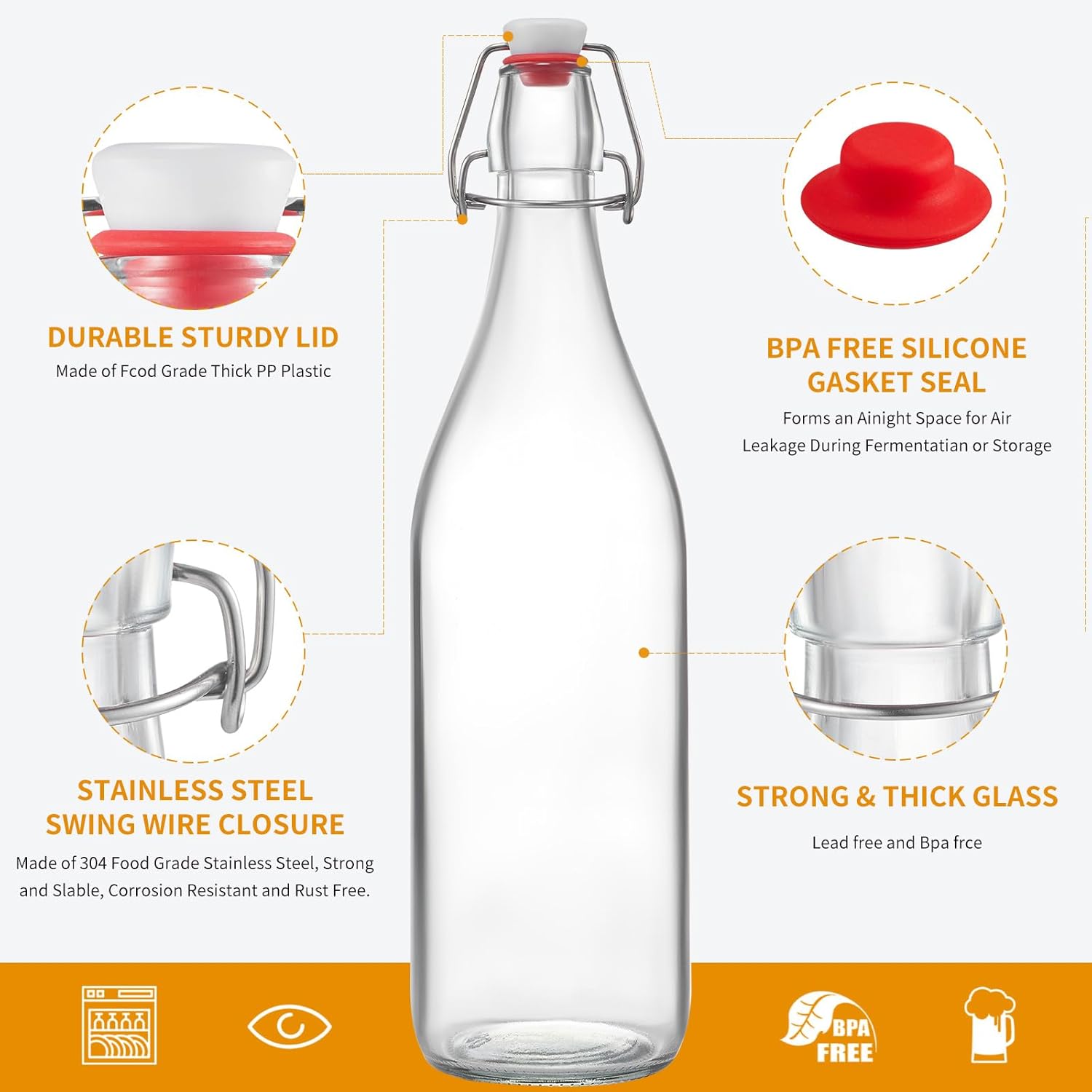 Thumbnail 2 de 8 Set 16 OZ Swing Top Glass Bottles with Airtight Caps – Perfect for Home Brewing, Kombucha, and More
