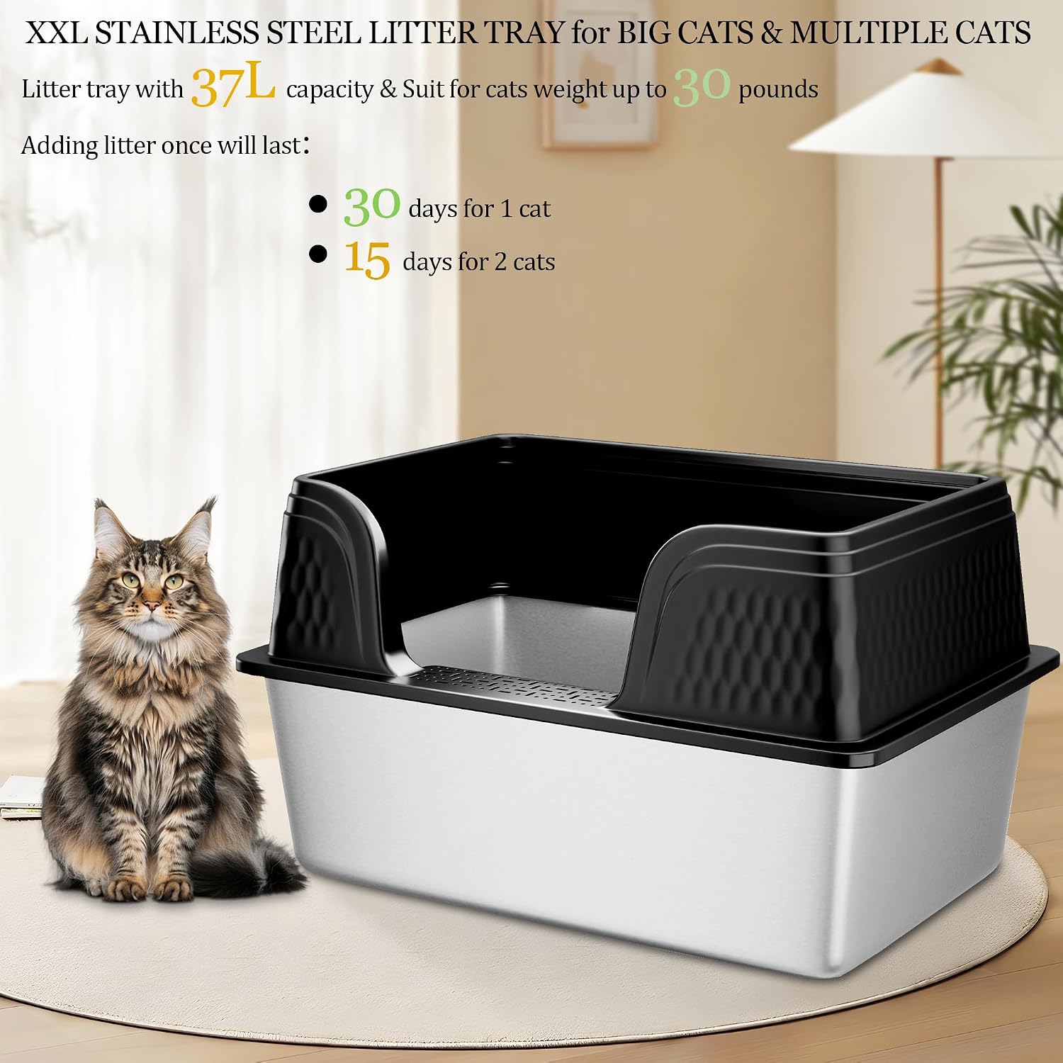 Detalle de Vealind XXL Stainless Steel Cat Litter Tray: High-Sided, Leak-Proof for Large Cats