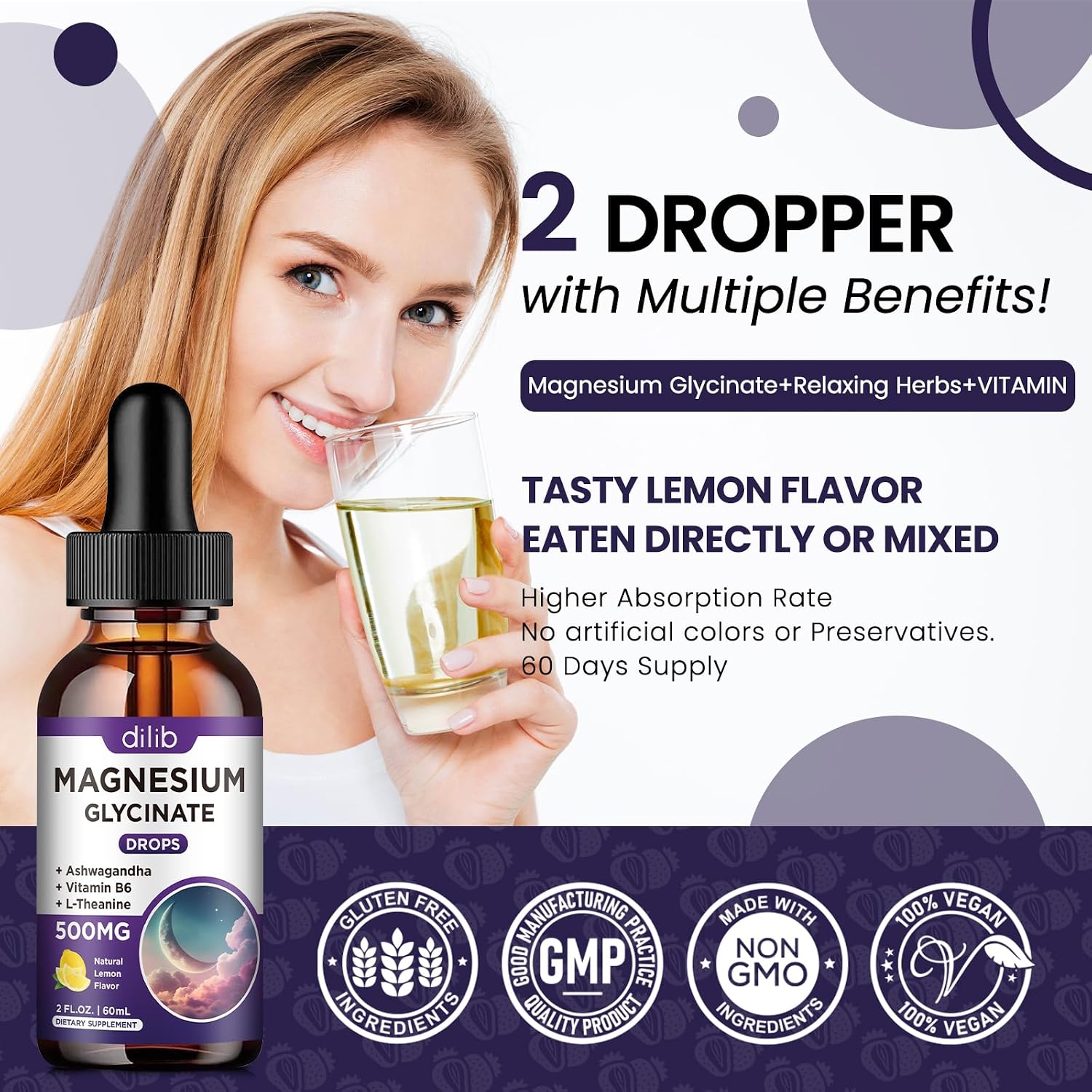 Detalle de dilib Magnesium Glycinate Liquid Drops, 500 mg, Vitamin B6 & Herbal Blend