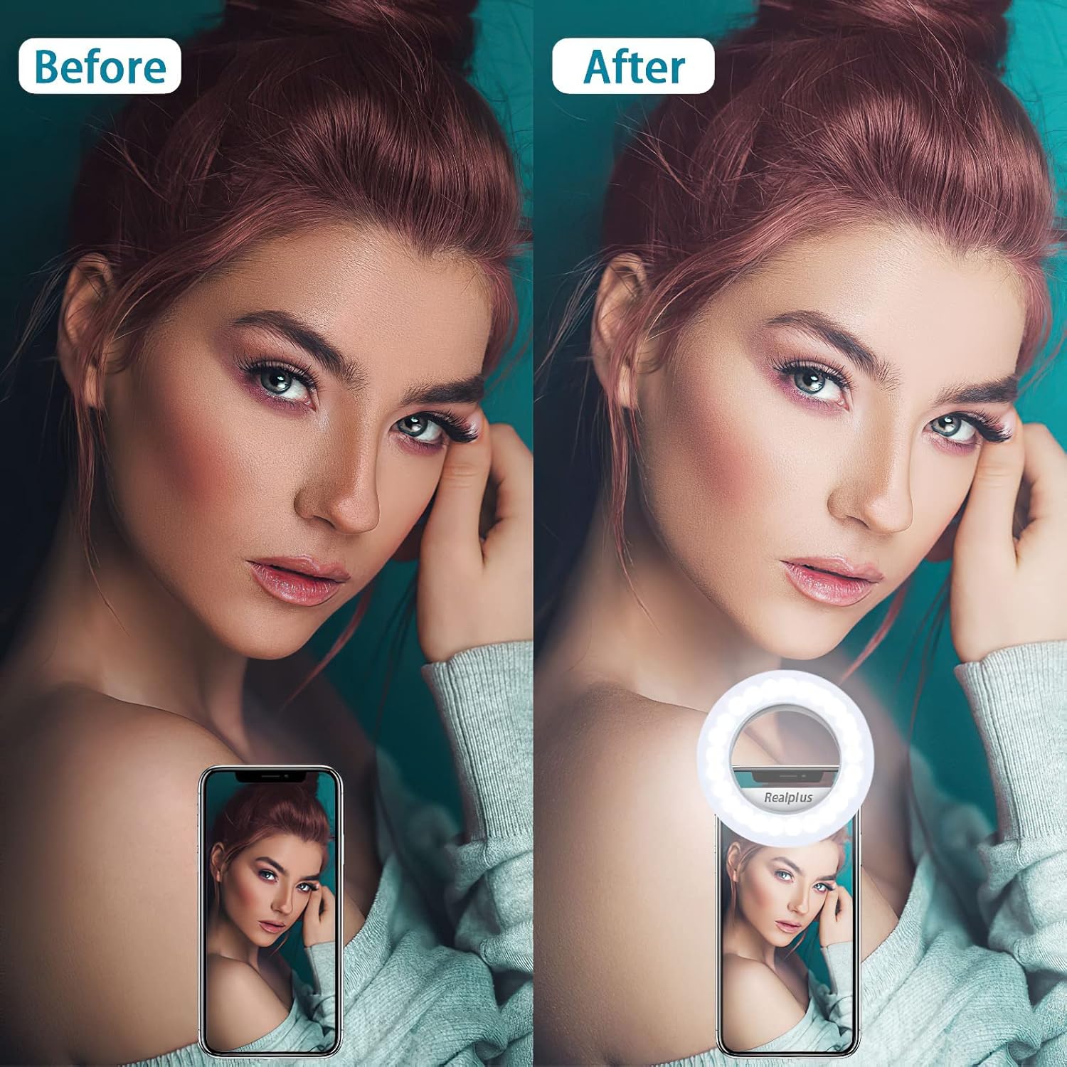 Thumbnail 1 de RealPlus Clip-on Selfie Ring Light (Rechargeable) with 40 LEDs — 3 Modes, Dimmable for Phone, Tablet and Laptop
