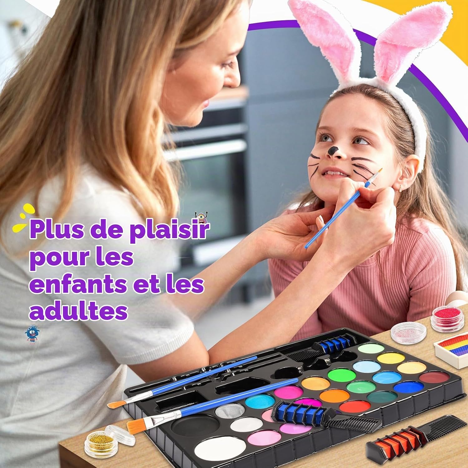 Detalle de Adeokay AAA kinderschminkset met kleurenpalet, glitter en 30 sjablonen