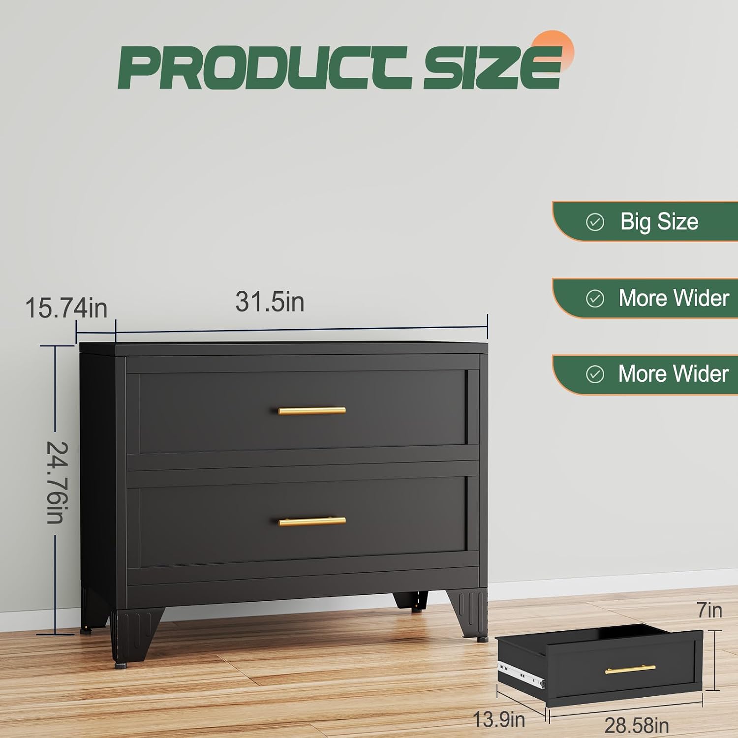 Detalle de risuoge 998542 2-Drawer Metal File Cabinet, Black, with Wide Printer Stand Top