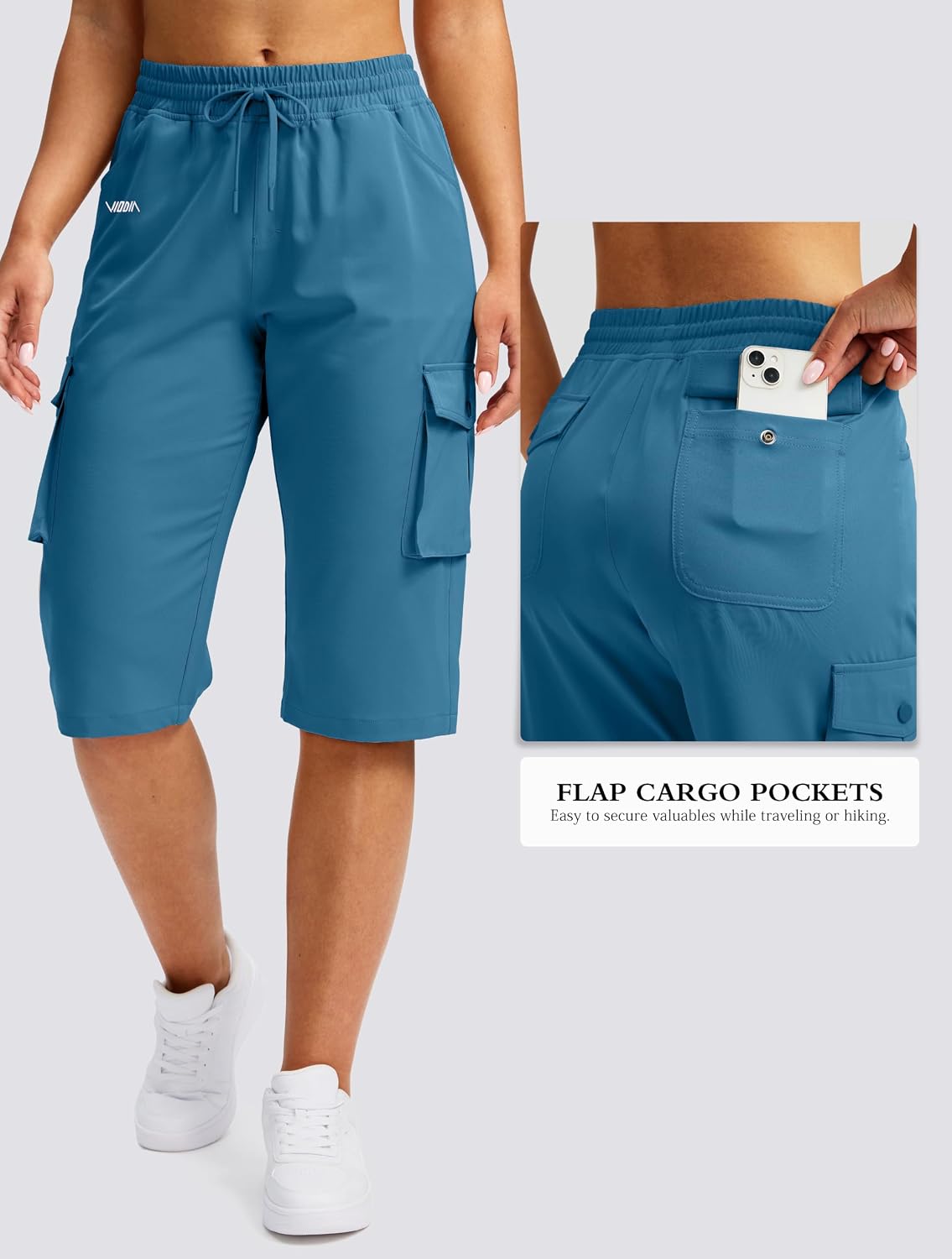 Detalle de Viodia 15" Long Cargo Shorts for Women — Lightweight Knee-Length Hiking Bermuda