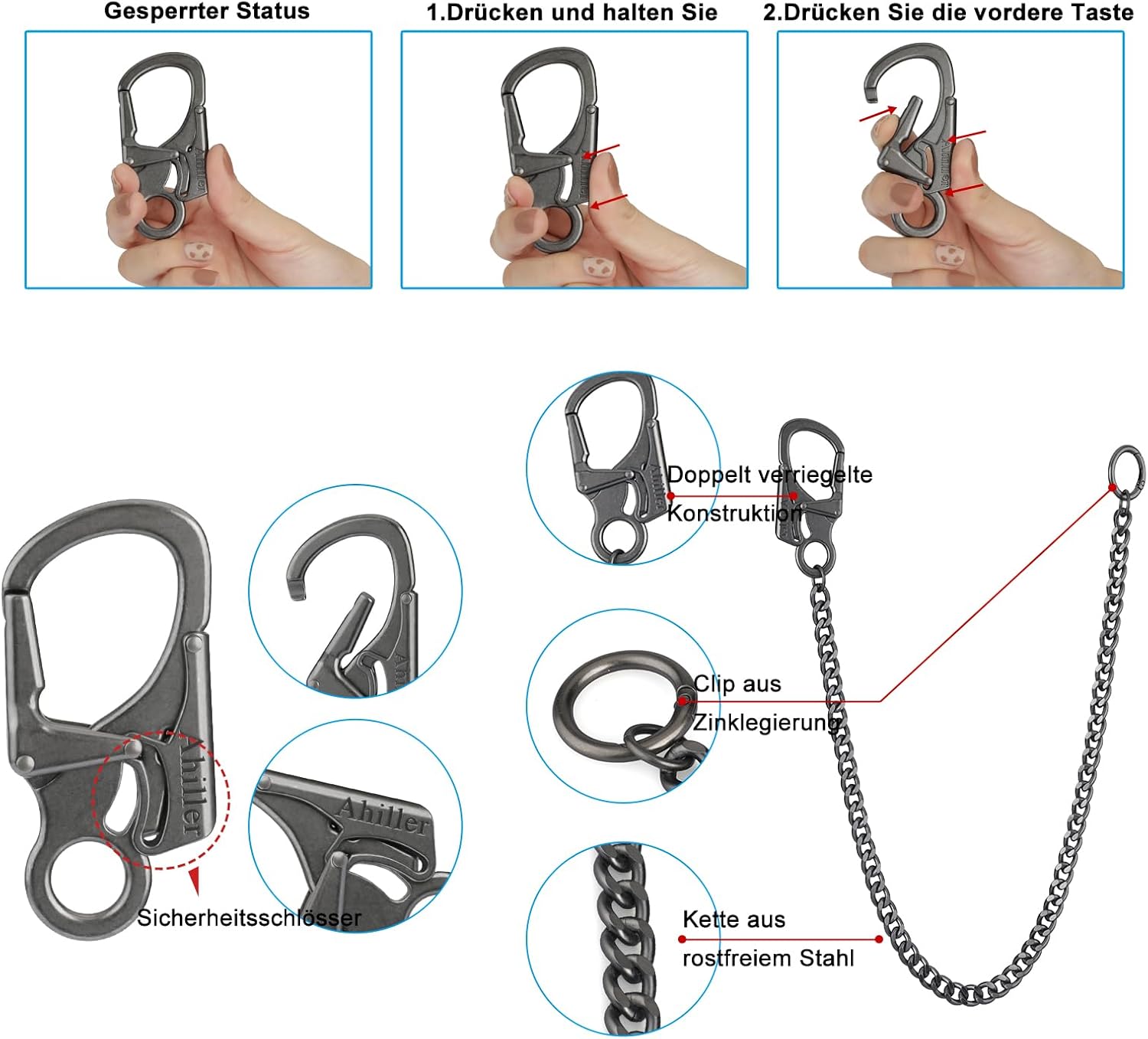 Detalle de Ahiller Chaîne de Portefeuille pour Homme – mousqueton renforcé et chaîne en acier inoxydable, Gris acier QK-1P
