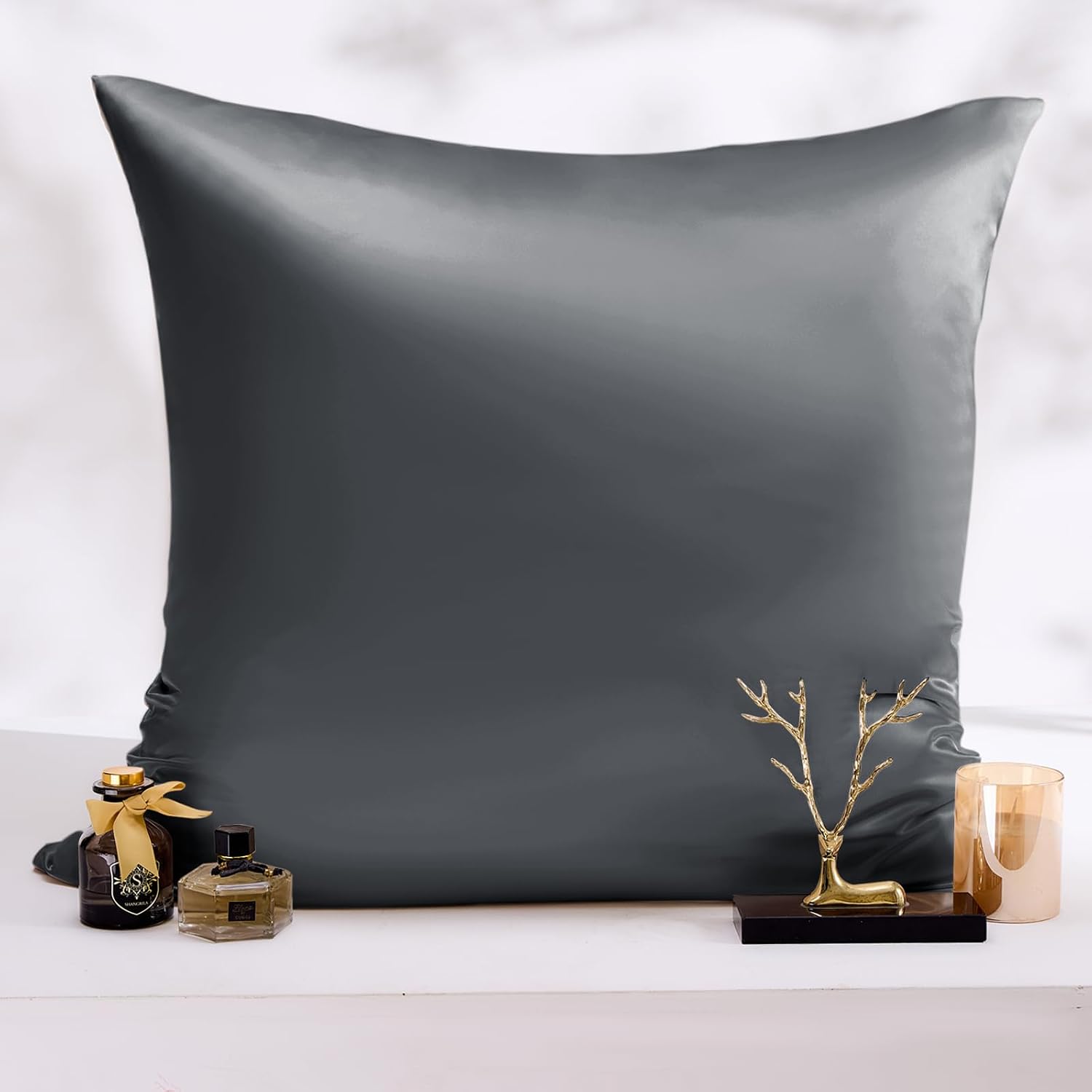 Detalle de Vielit Satin Kissenbezug 80x80 im 2er-Set & 2 Haargummis, dunkelgrau