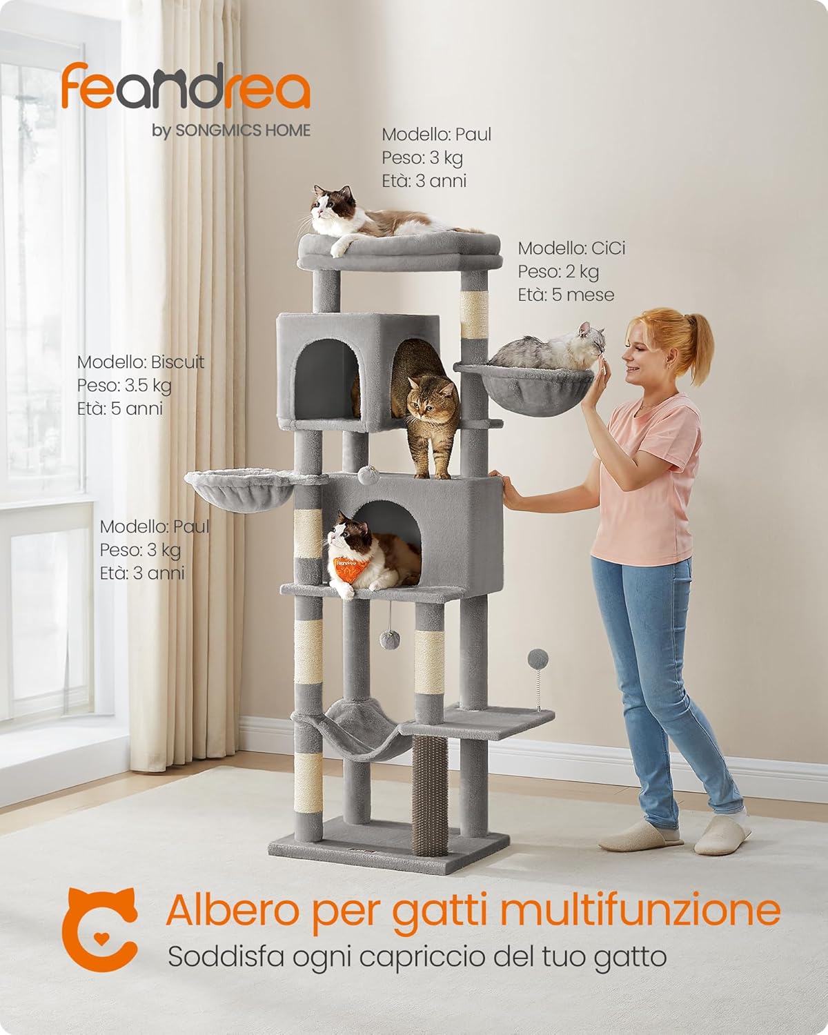 Detalle de Feandrea Albero per gatti grande PCT182G01, torre tiragraffi alta 175 cm multilivello grigio tortora