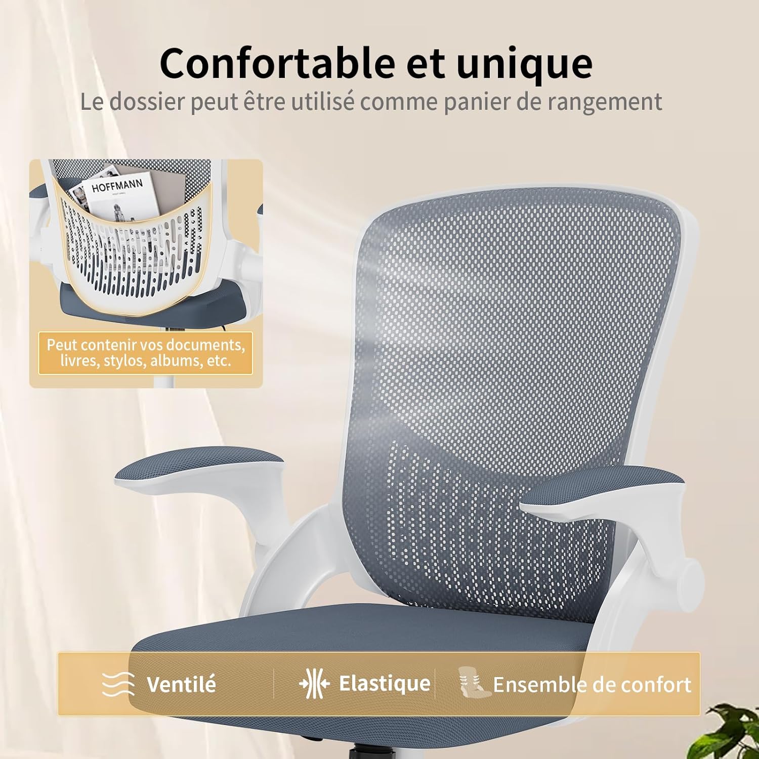 Detalle de naspaluro Chaise de bureau ergonomique grise foncée à accoudoirs rabattables et dossier pivotant 360°