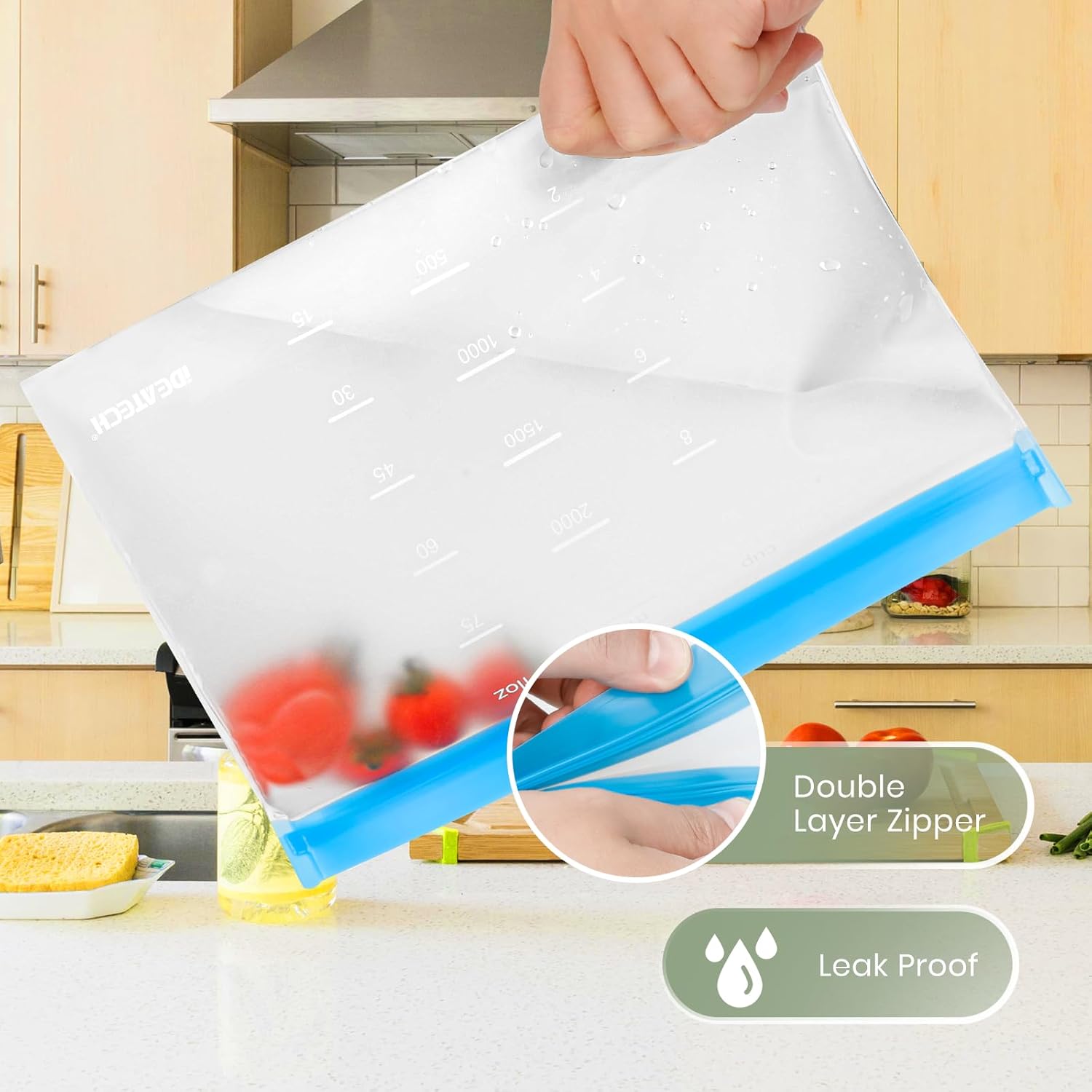 Detalle de IDEATECH Reusable Silicone Freezer Bags (20-Pack) – stand-up food storage pouches, BPA-free