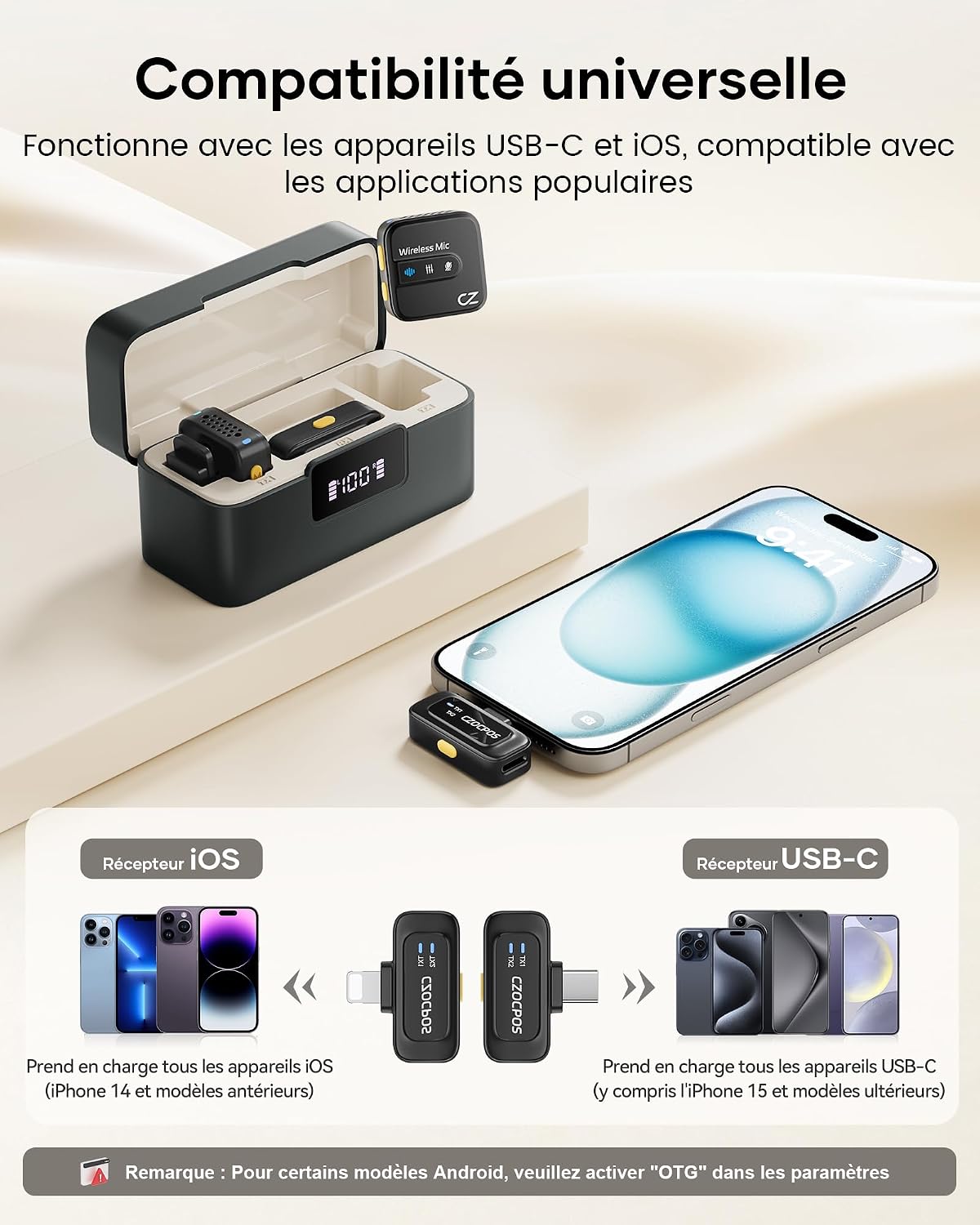 Thumbnail 5 de CZOCPOS Micro Cravate Sans Fil pour iPhone/iPad/Android — kit double micro avec réduction de bruit et autonomie longue
