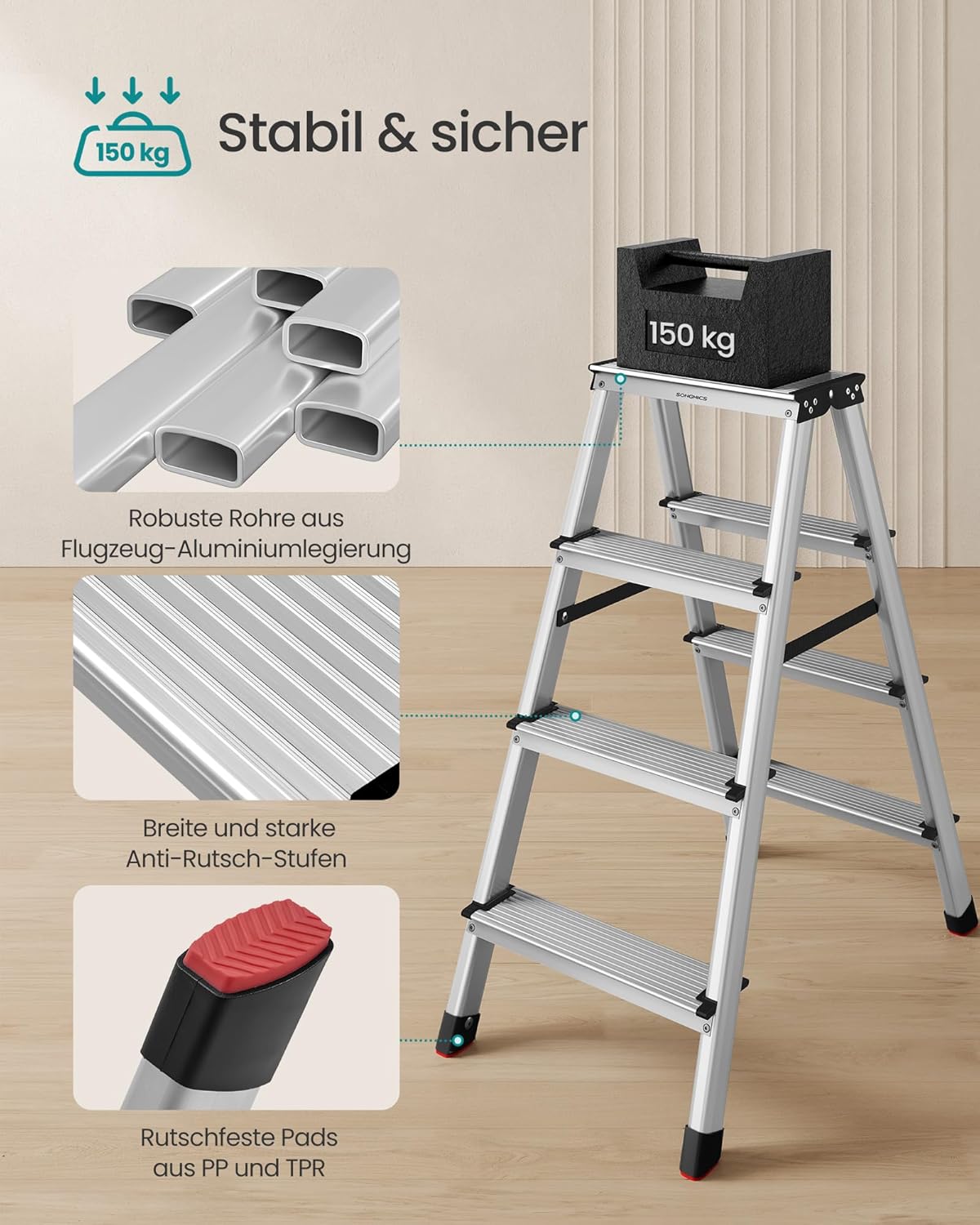Detalle 2 de SONGMICS GLT014E01 Trittleiter 4 Stufen, 150 kg