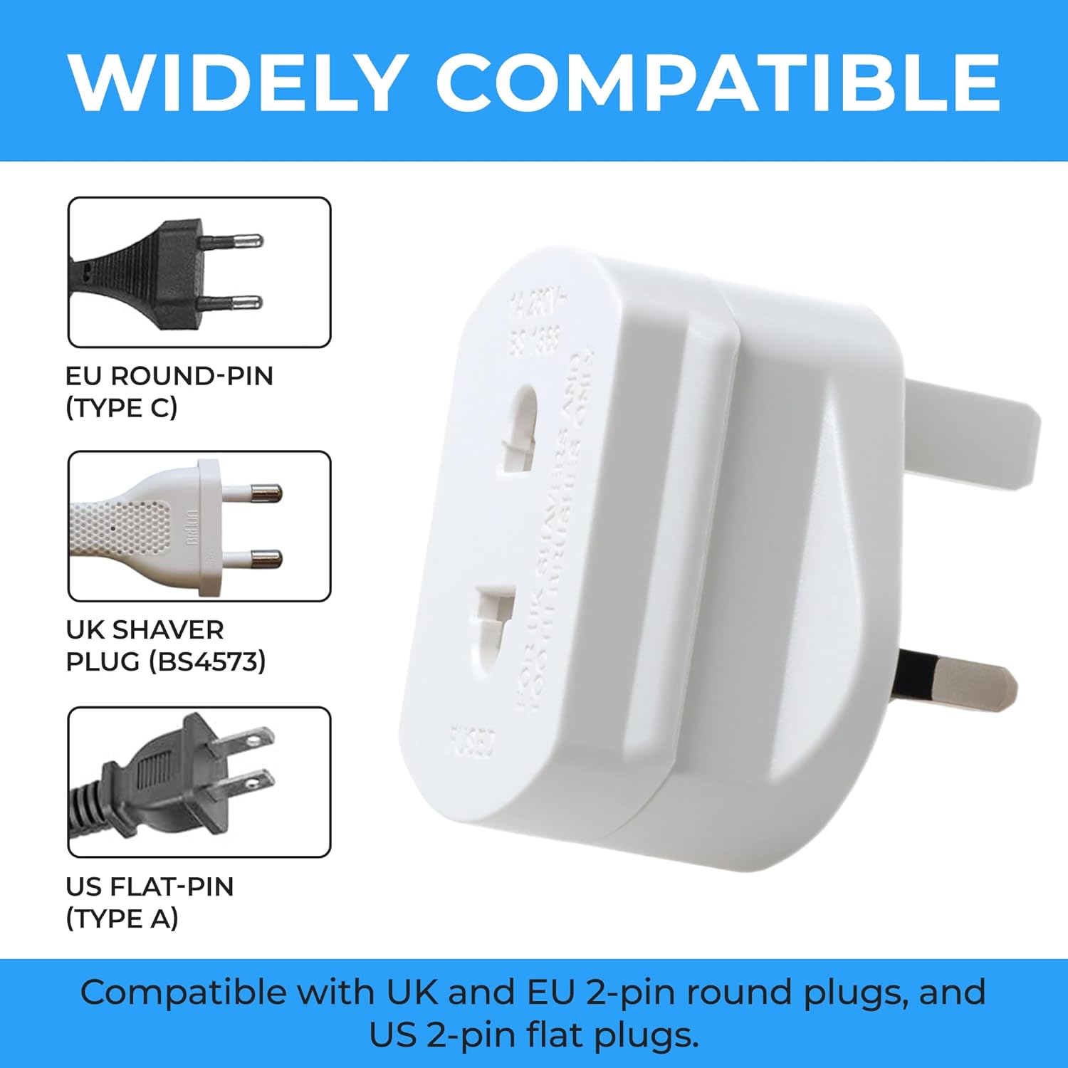 Detalle 2 de 2 Pack UK Electric Toothbrush & Shaver Plug Adapter (2-Pin to 3-Pin) with 1A Fuse & Safety Shutters – for Oral-B, Braun, Philips & more