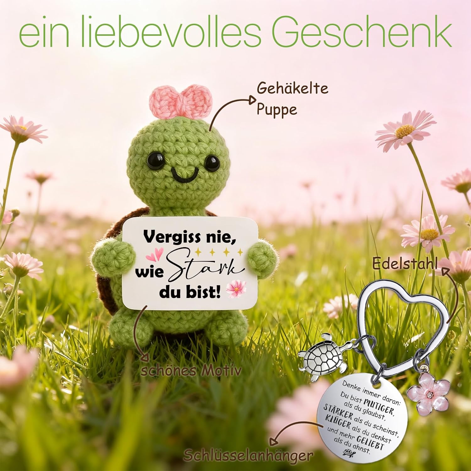 Detalle 2 de Farbeele Mutmacher-Geschenk: Positive Schildkröte mit Glücksbringer-Schlüsselanhänger