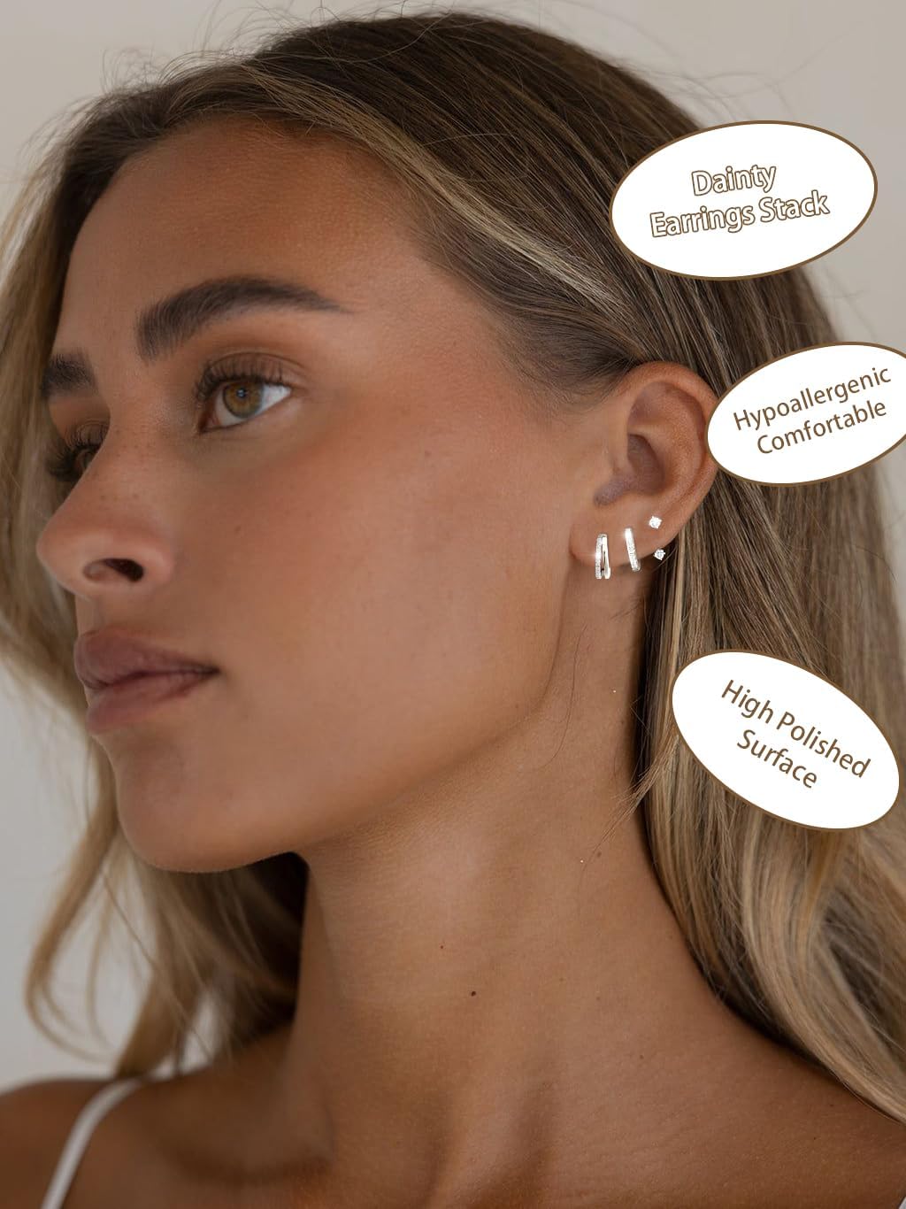 Detalle de 3 Paar Ohrringe Silber 925 Set für Damen – Hypoallergen, Zirkonia-Besatz, vielseitig kombinierbar