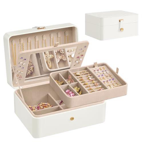 Detalle de SONGMICS Caja Joyero con Espejo GISELLA, 2 Niveles – 17,6 x 22 x 11 cm